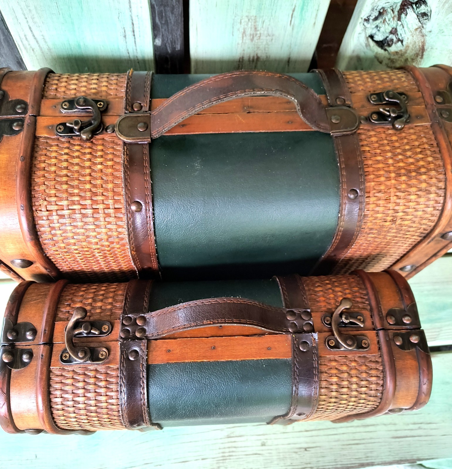 Retro Wood Leather Suitcase Luggage Pair Set