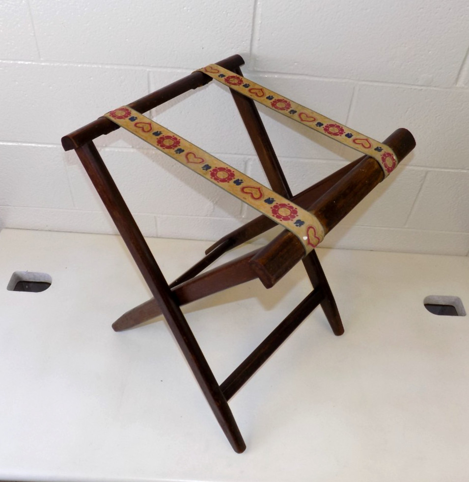 Vintage Wooden Folding Luggage Suitcase Rack Stand Floral Straps 21” AirBnb