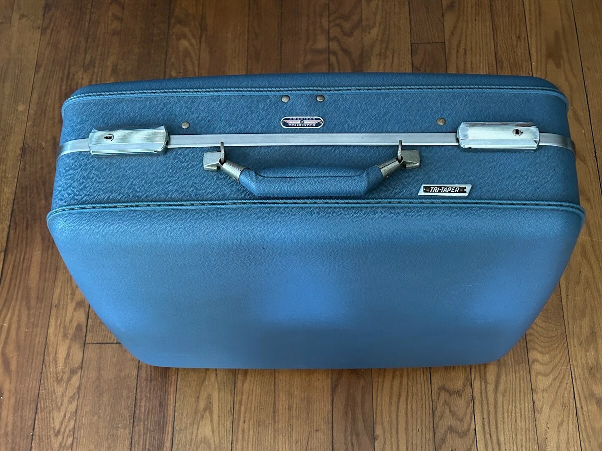 1960s Blue American Tourister Tri-Taper Hard Luggage Suitcase Wardrofold Hangers