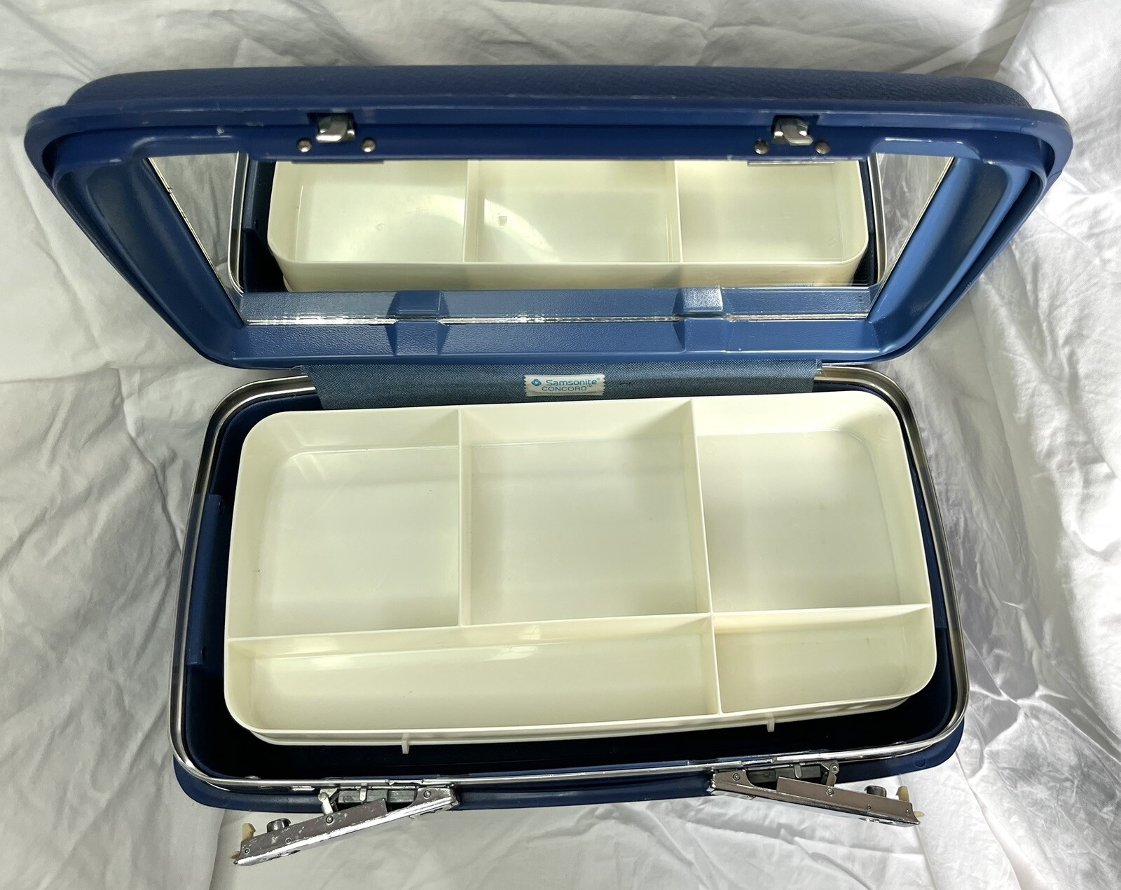 Vintage Samsonite Concord Train Case Blue Make Up Case w/ Mirror + Inner Tray