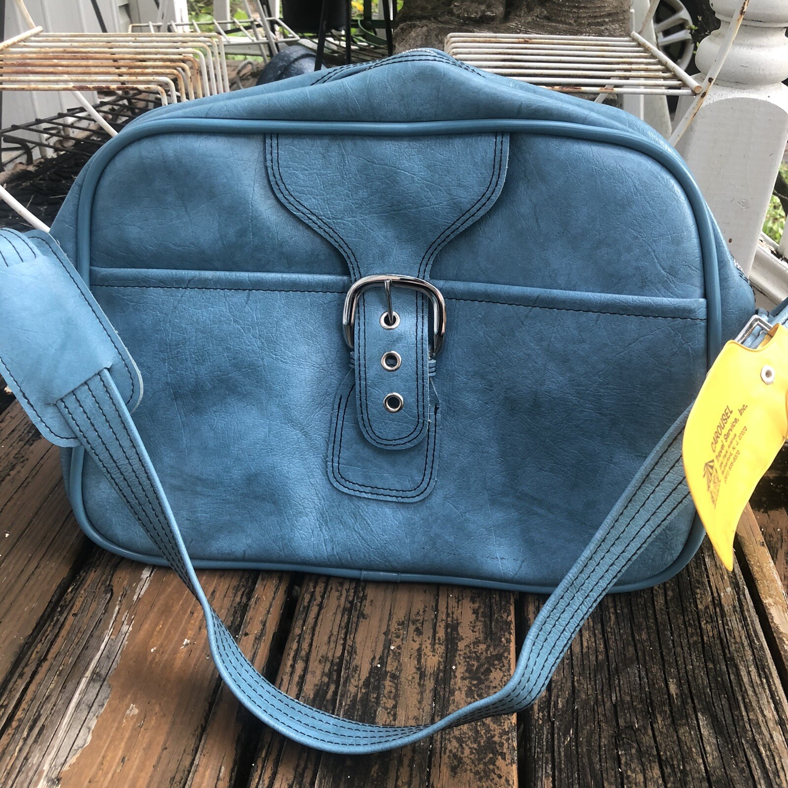 Aqua Blue Travel Bag Luggage Carry On Case Suitcase Vtg 60s 70s Shoulder Strap