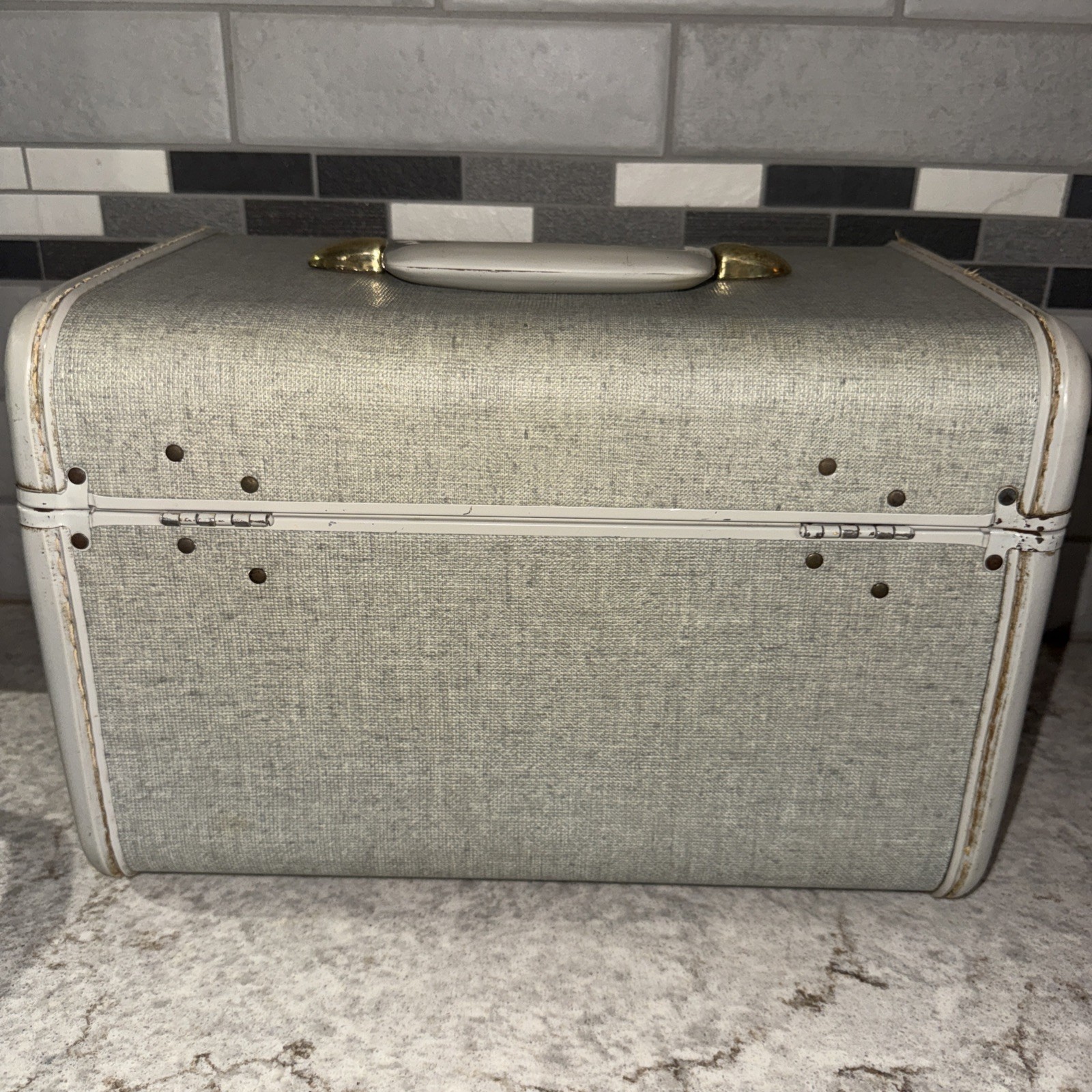 Vintage Samsonite Train Makeup Case Luggage 1950s Gray Tweed Latch Cover Missing