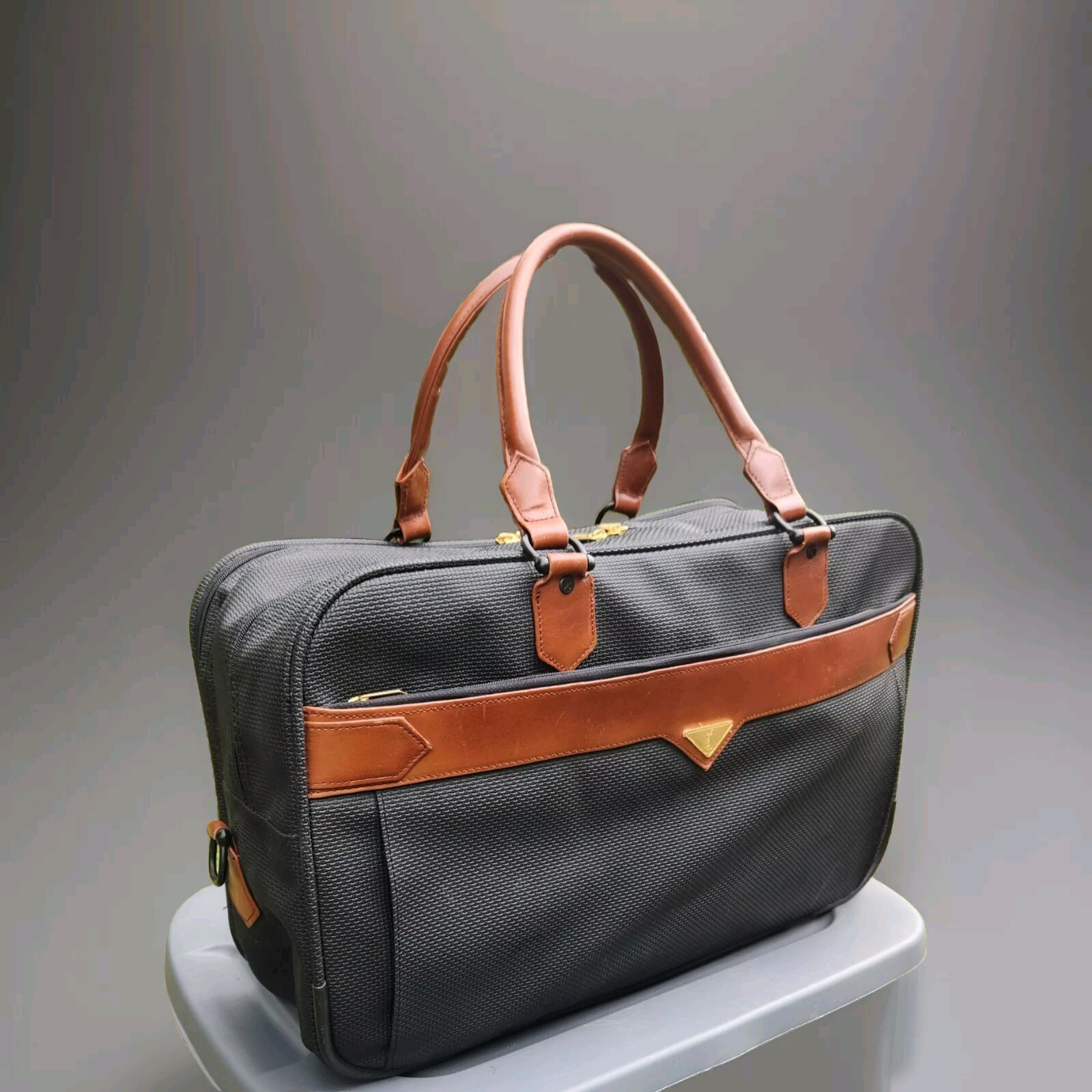 VTG YSL Black Woven PVC Leather 3 Compartment Suitcase Brown Leather Trim VGUC