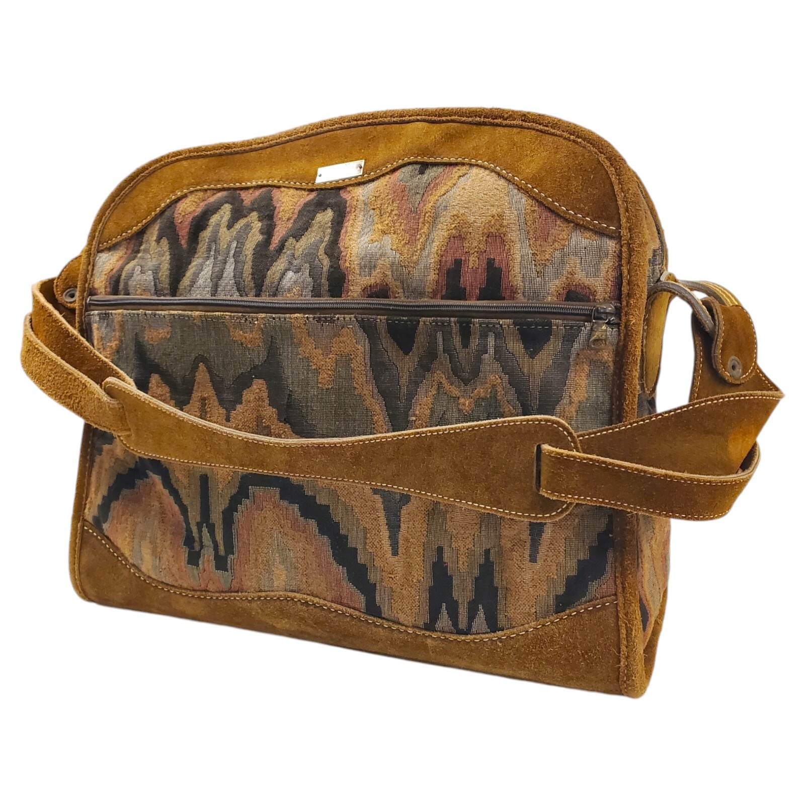 Vintage NEIMAN MARCUS Travel Bag Brown Suede Tapestry Geometric Oversize Padlock