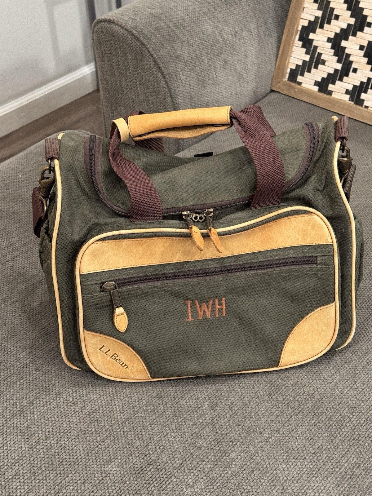 Vintage LL Bean Leather And Canvas Messenger Embroidered Luggage Carry On Bag