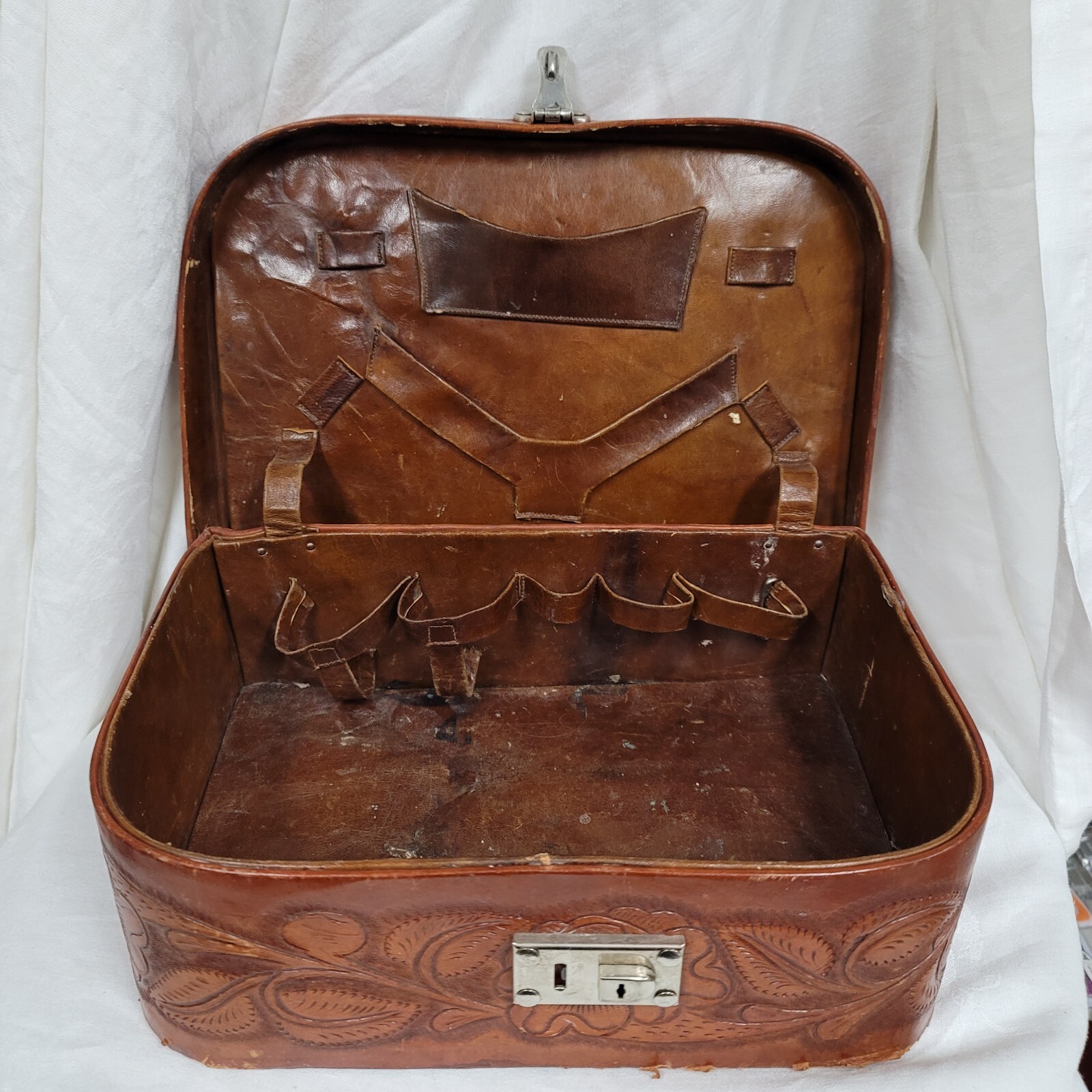Vintage Hand Tooled Leather Vanity Jewelry Case