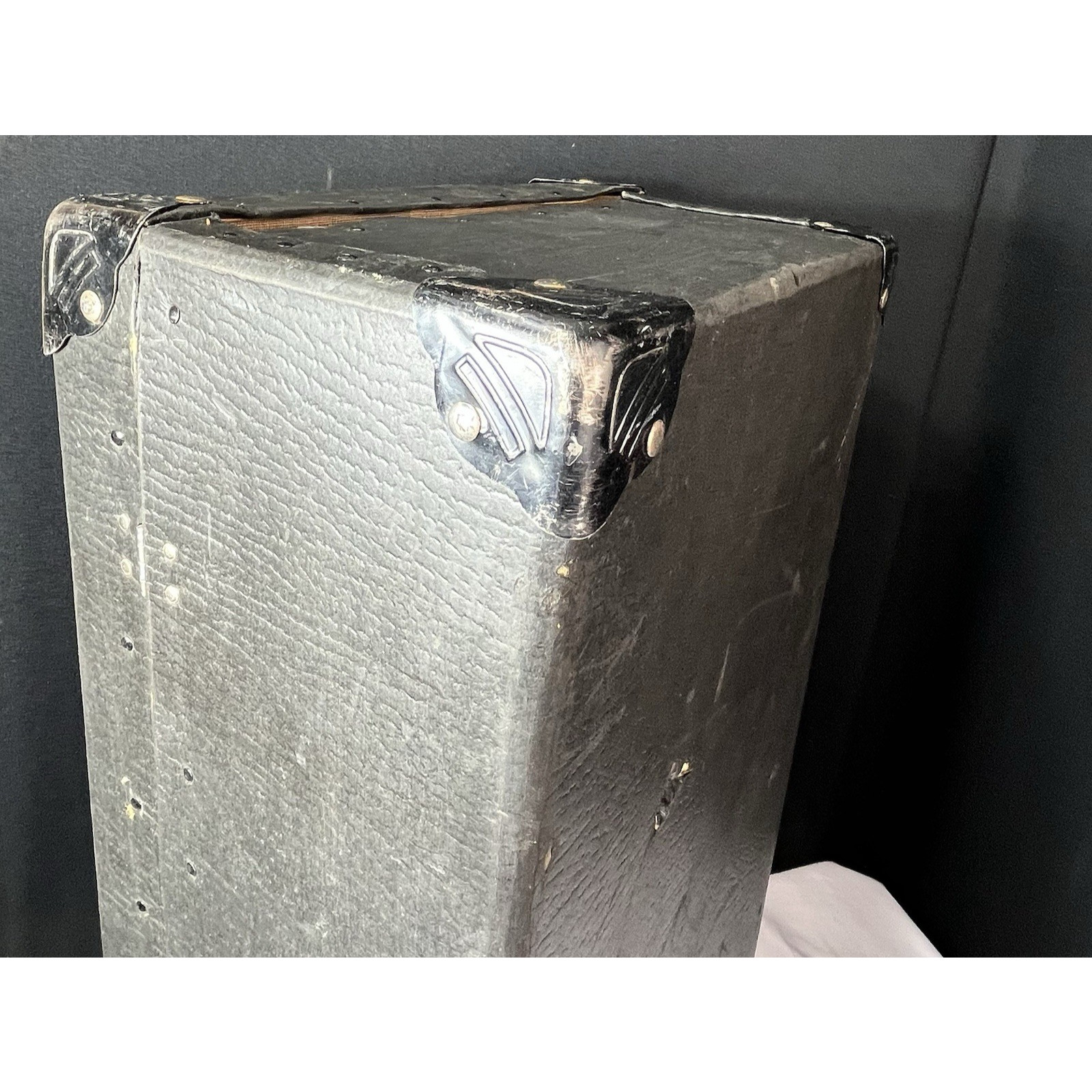 Black Cardboard Travel Suitcase Leather Handle Metal Corners Paper Inside 1930s