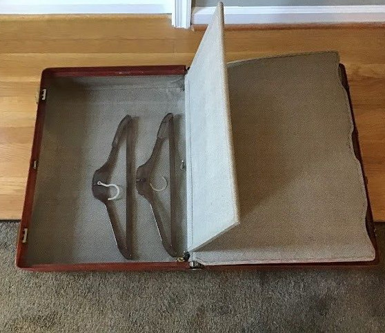 Vintage 1950’s Wardrobe Tray Luggage w/ Key and Hangers Stitched Cowhide