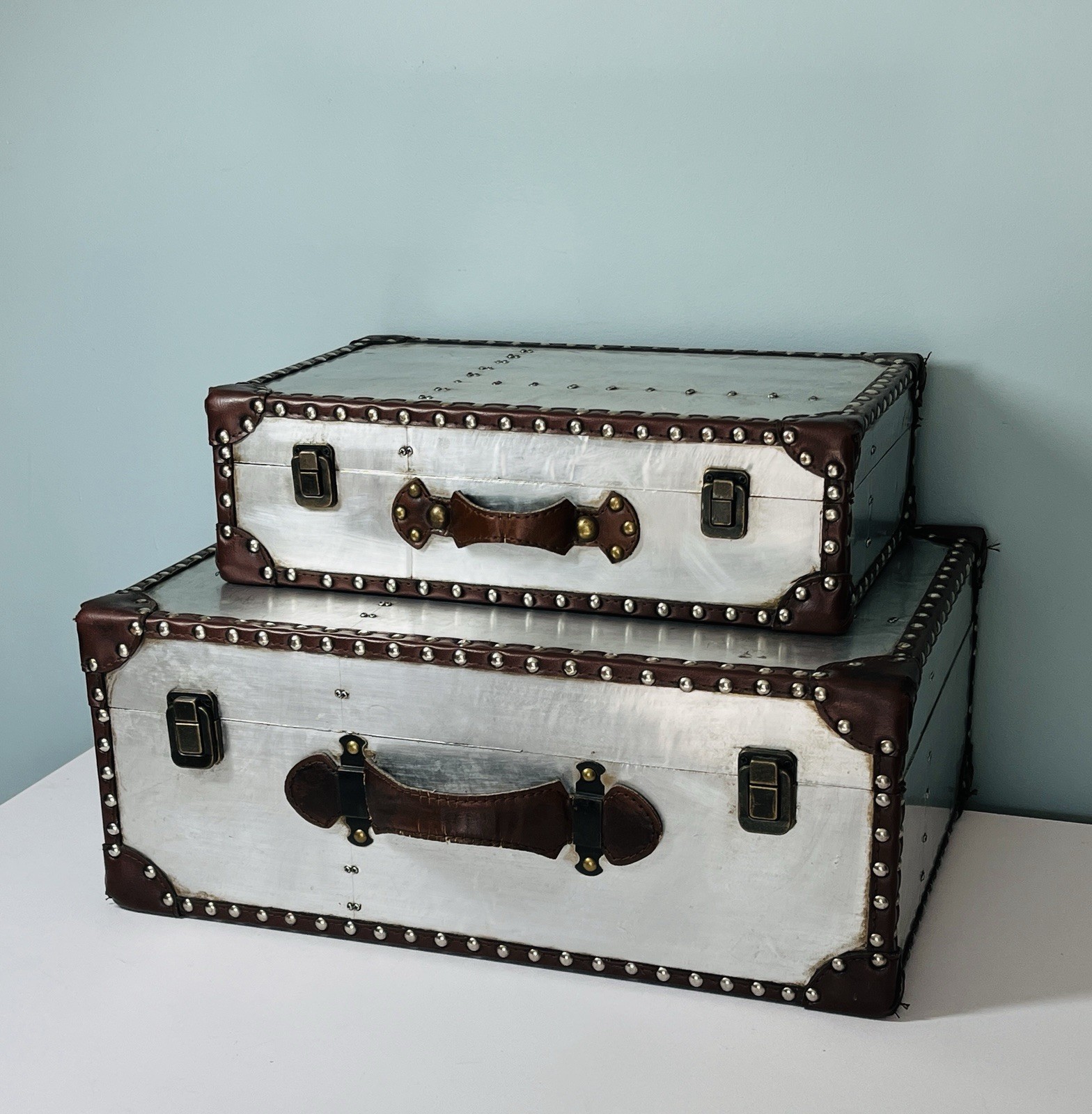 Vintage Aluminum Leather Brass Steam Suitcases Trunks Set Of 2