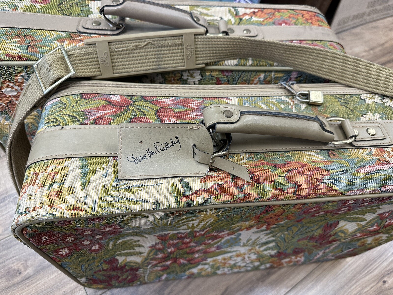 Set 2 Vintage 80s Diane Von Furstenberg Tapestry Floral Suitcases Bags