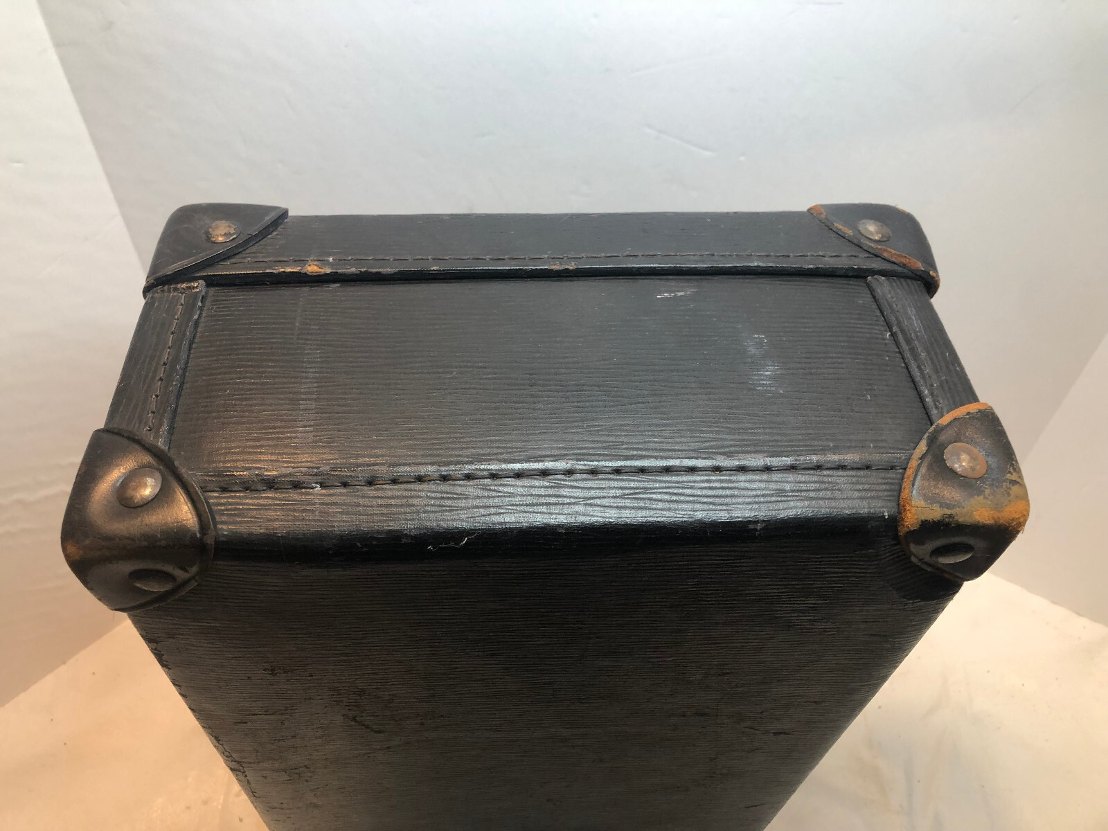 Vintage Black Faux Leather Suitcase Leather Handle MAR Initials 18 x 11 x 5.5