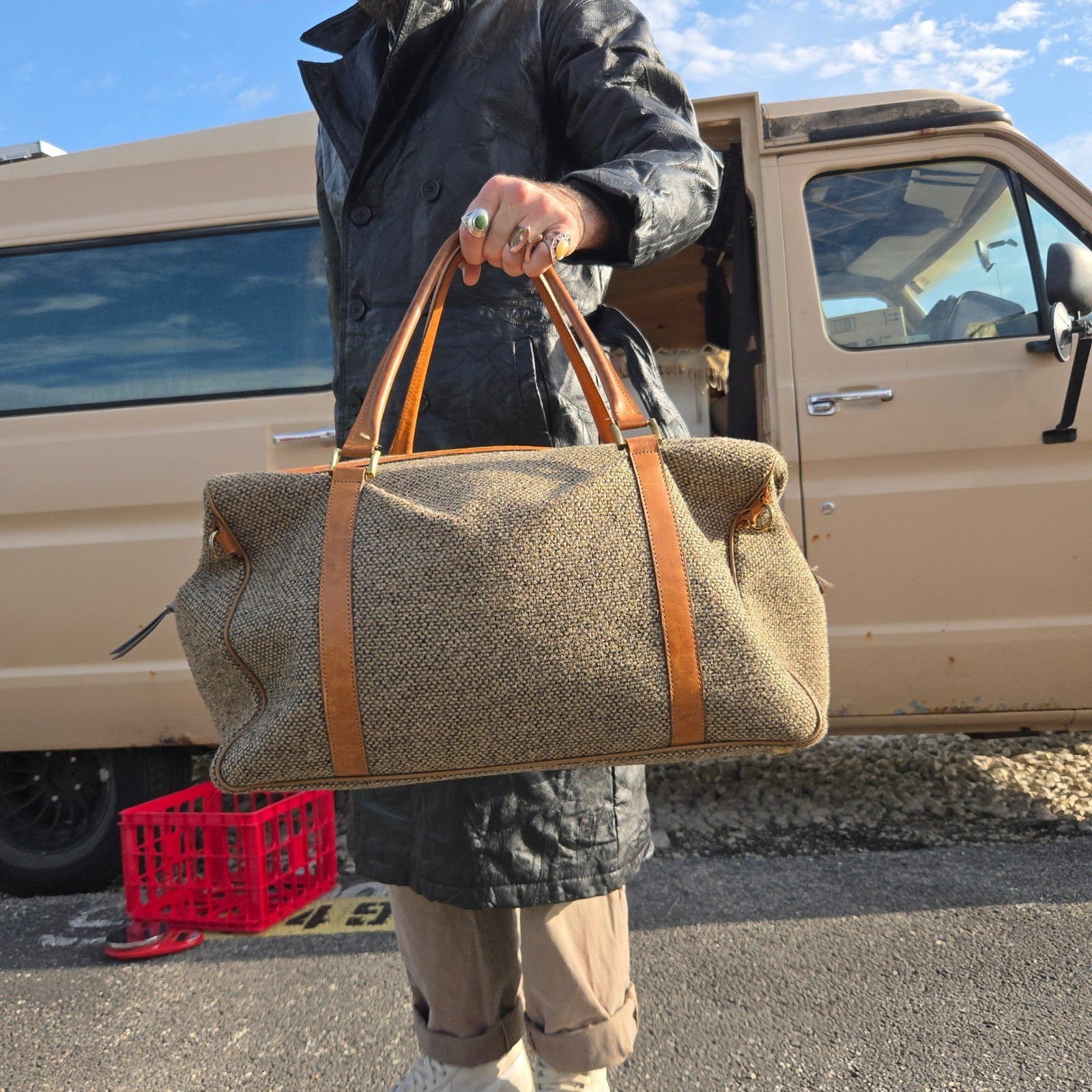 VTG Hartmann Duffel Bag Tan Tweed Leather Trim Large Weekend Travel Carry On EUC