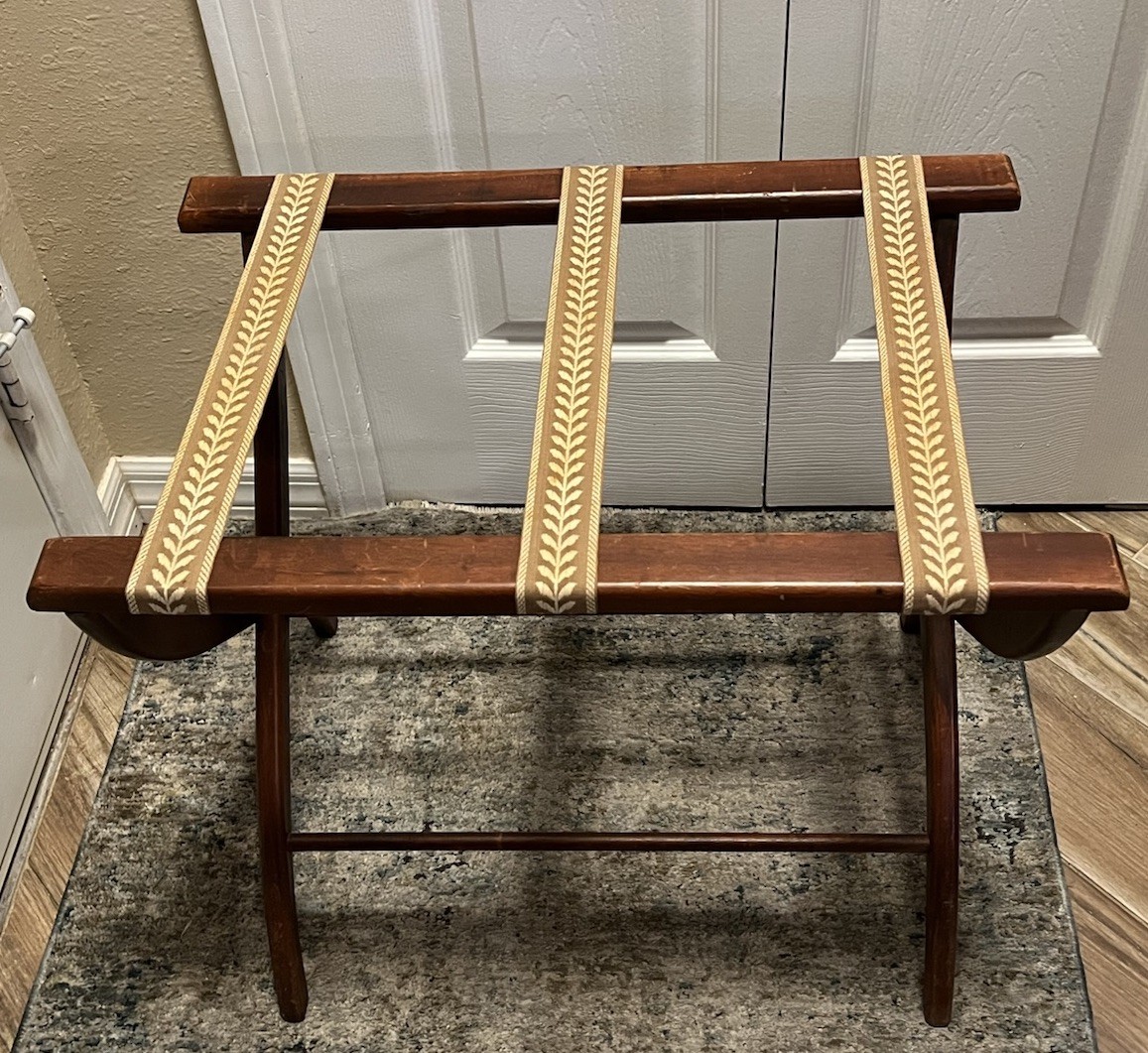 Wooden 60s Folding Luggage Rack Suitcase Stand Tapestry Straps Pennsylvania Made