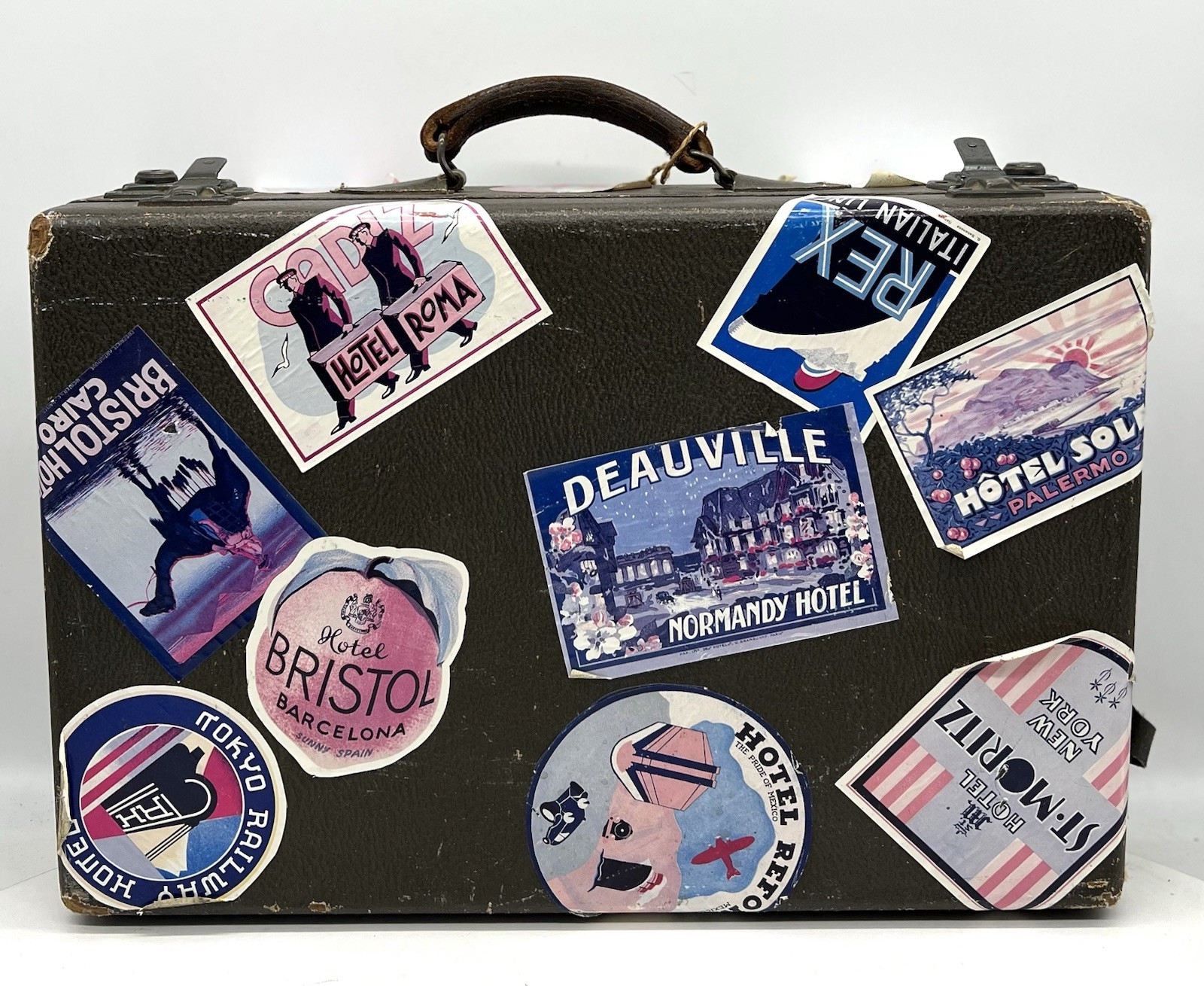 Vintage Suitcase with Various Travel Stickers, Mid 20th Century Hardcase