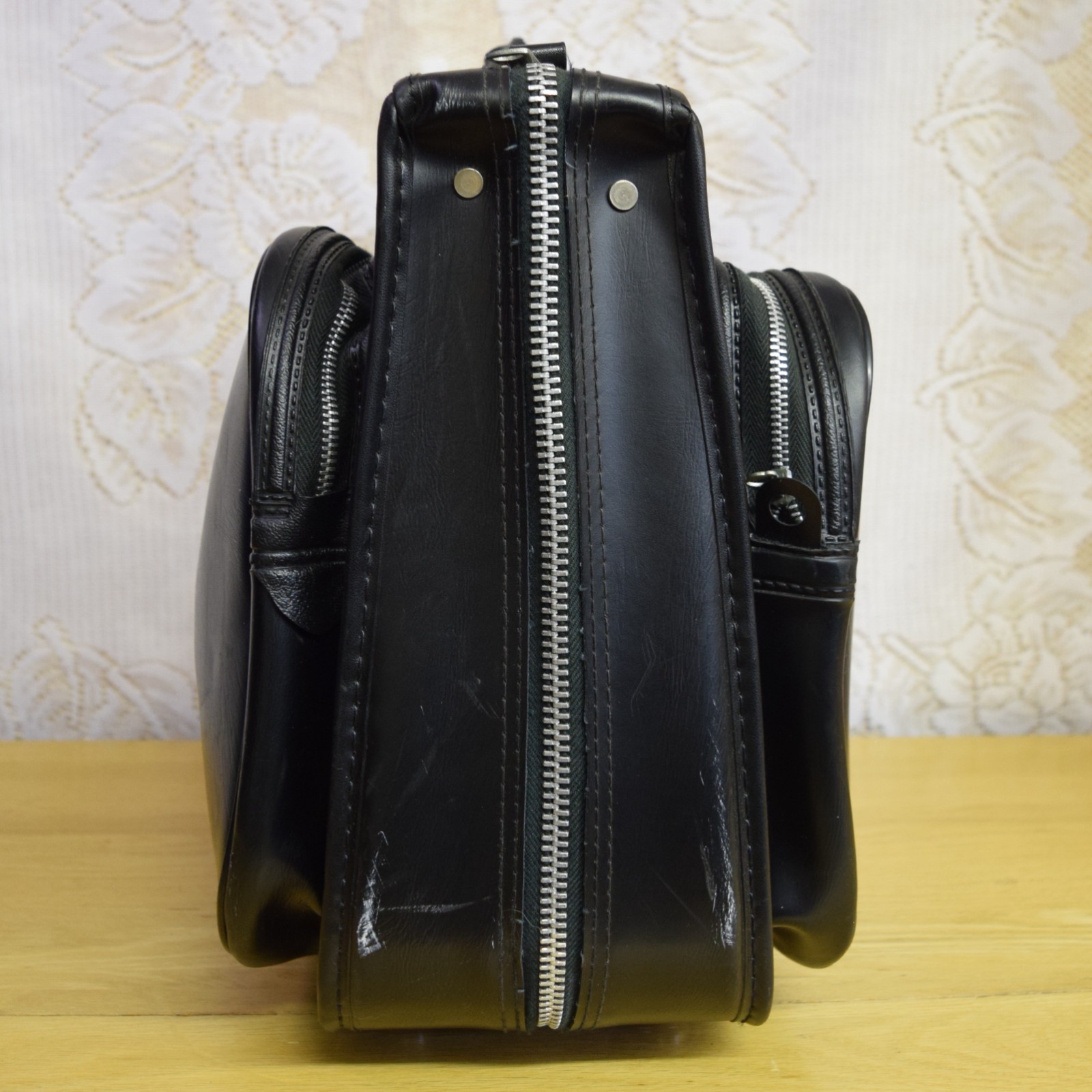 1960s Mid Century Vintage Suitcase Black Naugahyde Serval Zipper USA Garment Bag