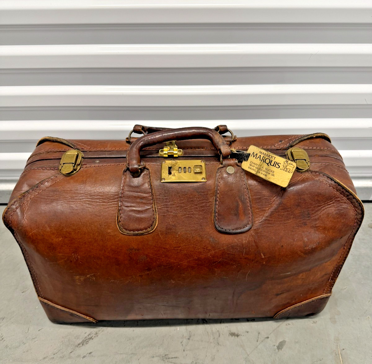 Vintage Leather Suitcase – Marriott Marquis Luggage Tag – Heavy Leather Travel C