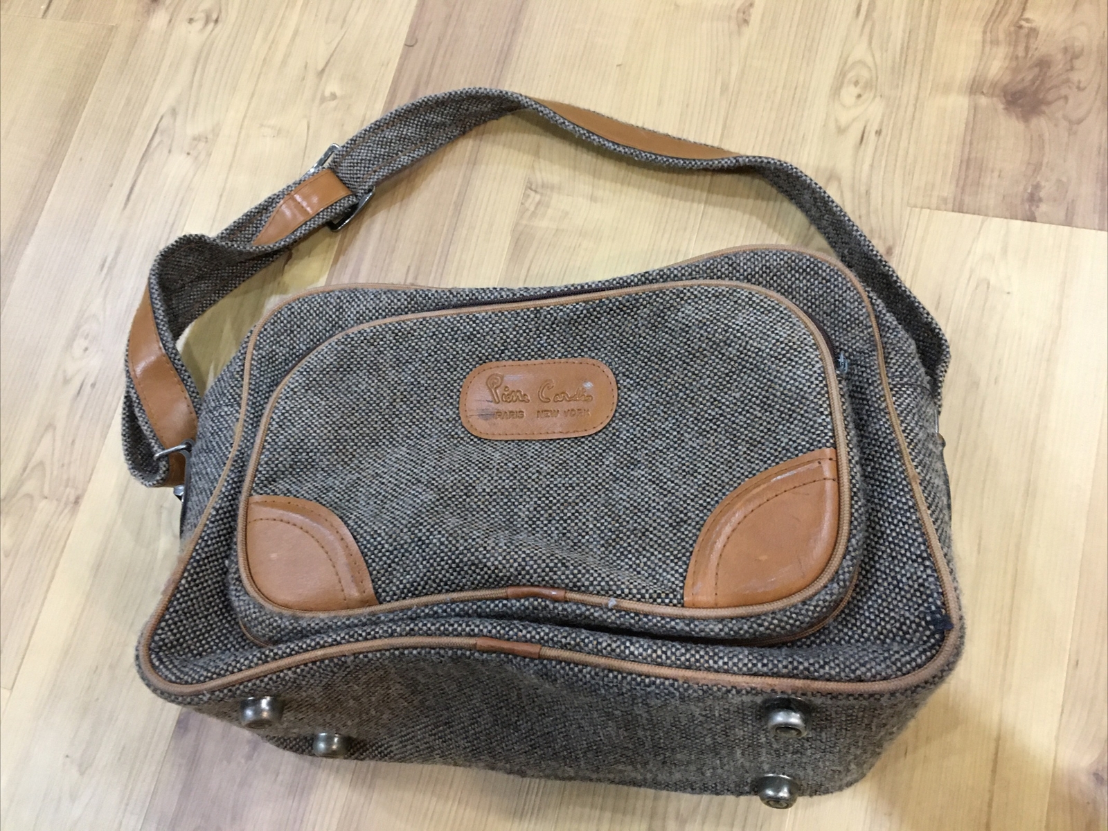 VTG 80s Pierre Cardin Brown Tweed Carry-On Shoulder Bag Strap Weekend Travel