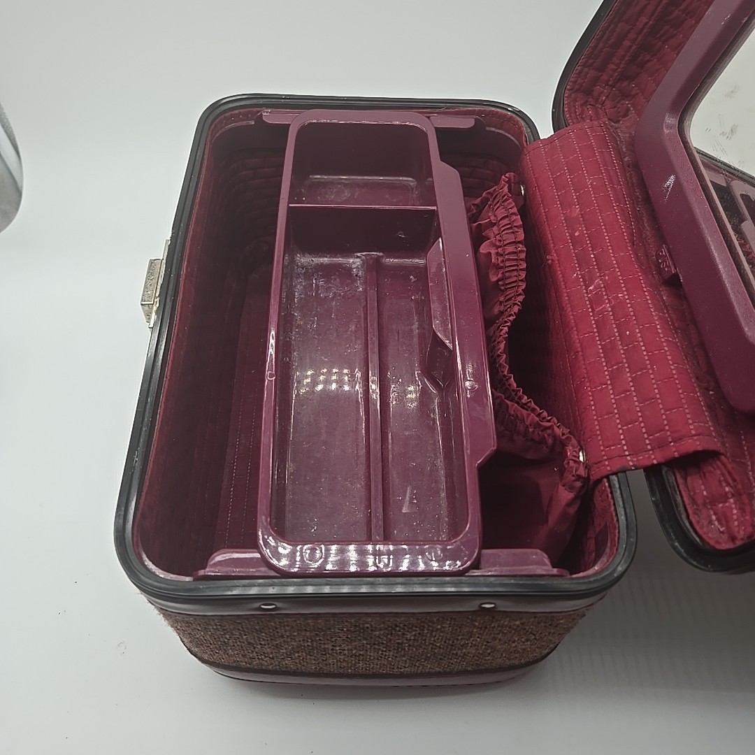 Vintage Train Case Burgundy Tweed with Tray & Mirror 12.5 X 8 X 7.5 Unbranded