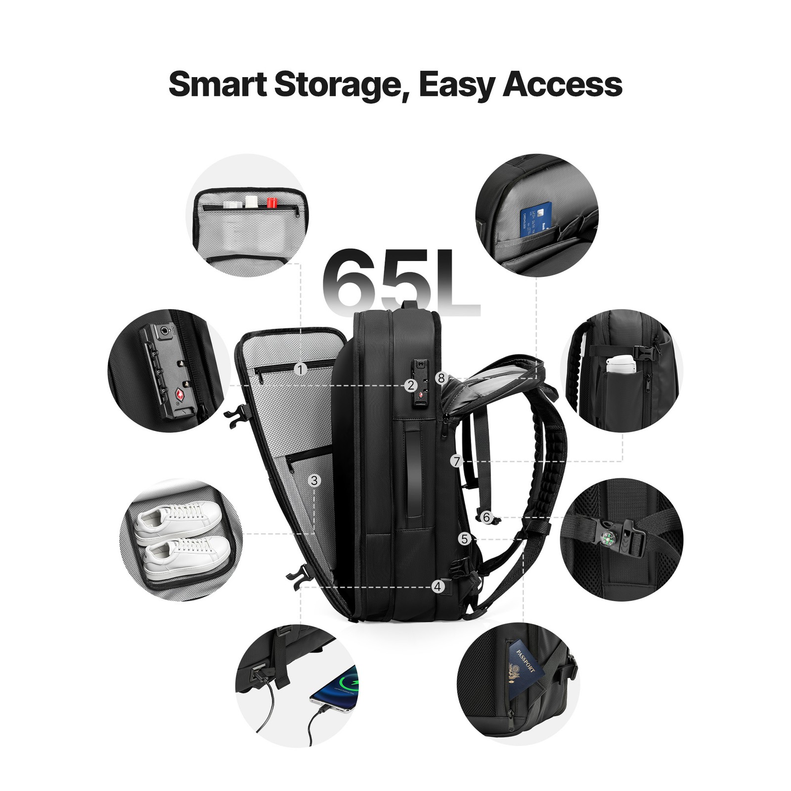 Uimoso 65L Travel Backpack with Vacuum Compression and Pump – Black