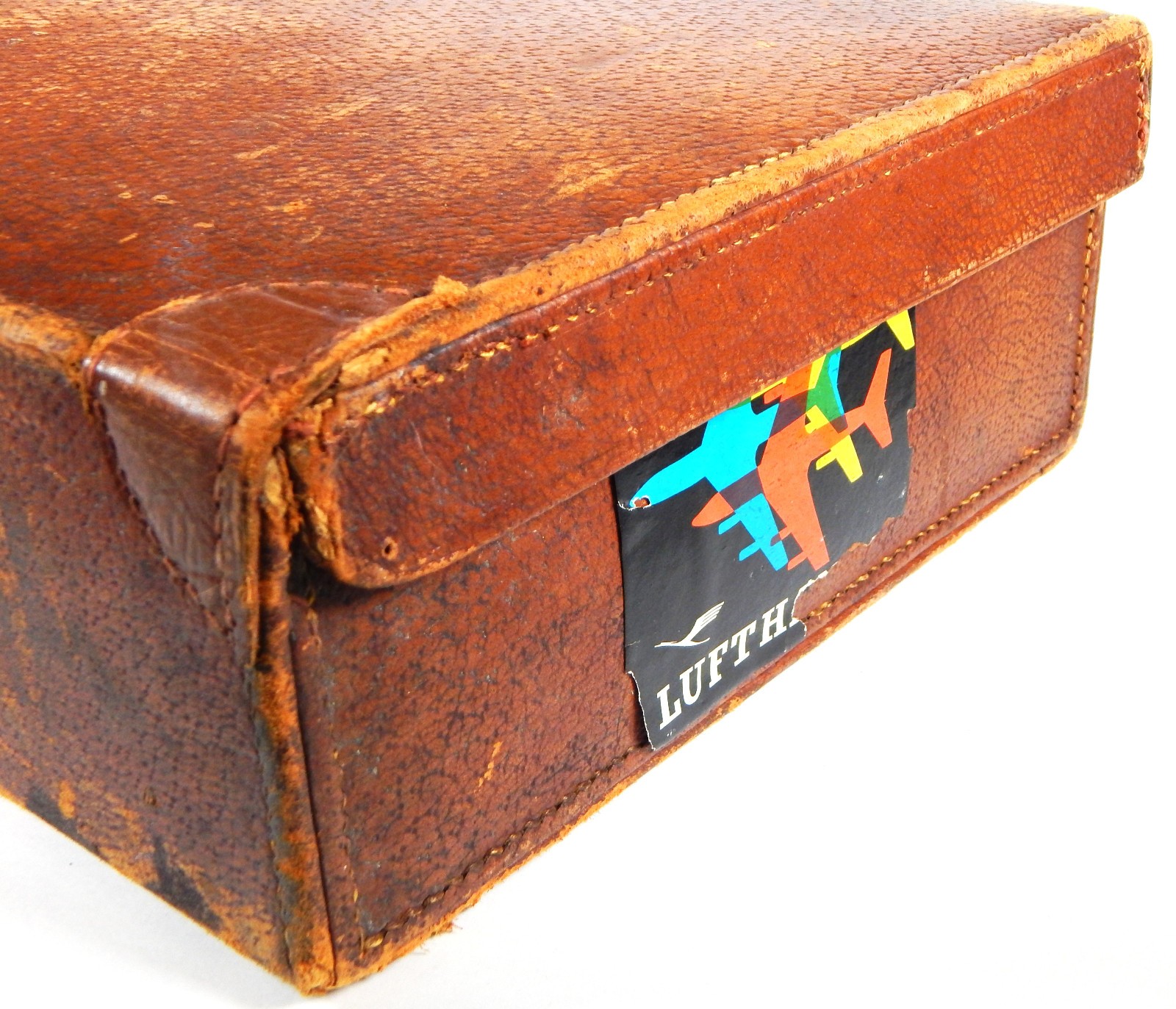 1930-50s LEATHER SUITCASE AGE PATINATION TRAVEL STICKERS EMBOSSED MONOGRAM 18×10