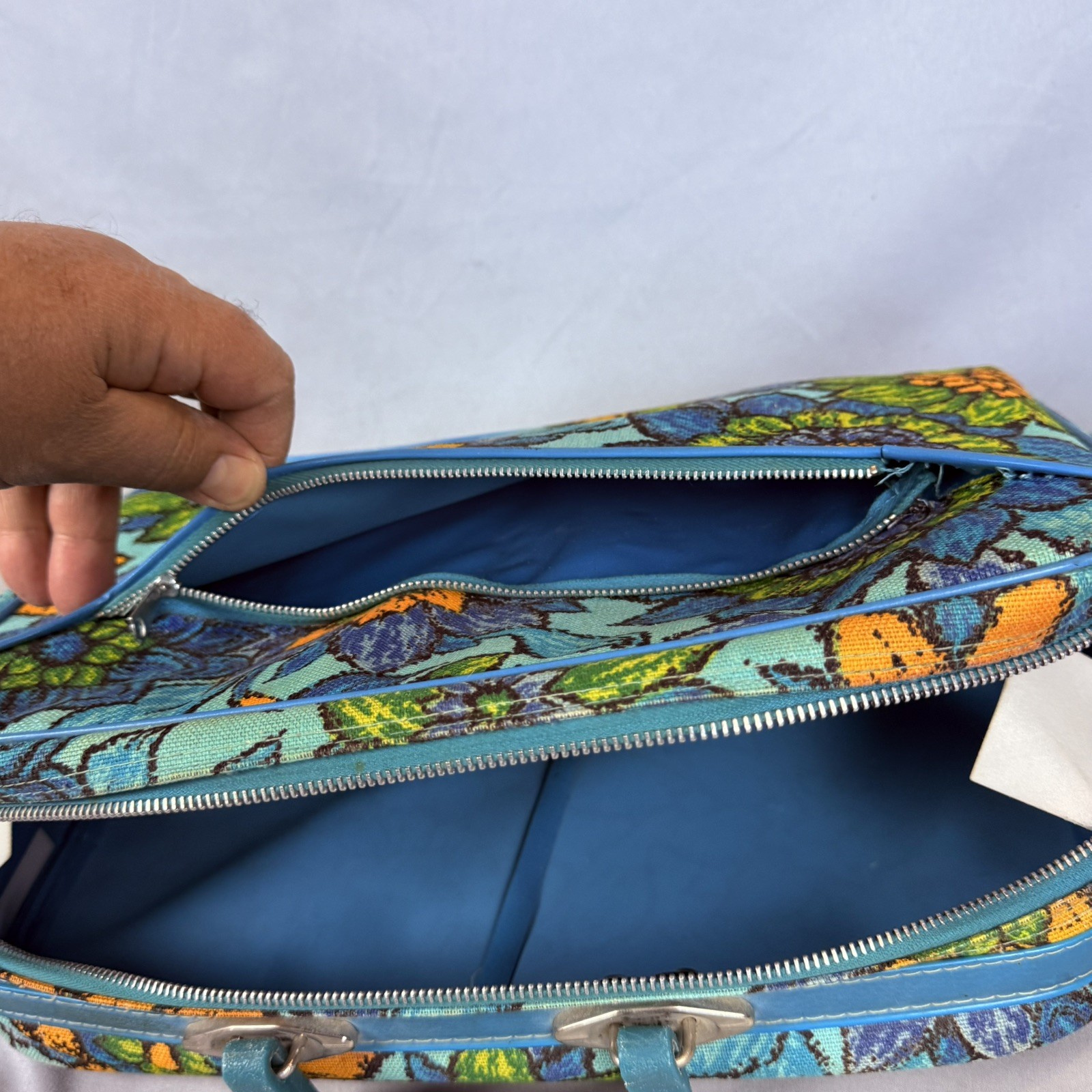 Vintage 1960s Montgomery Ward Stratolite Blue Floral Suitcase Retro MCM Hippie