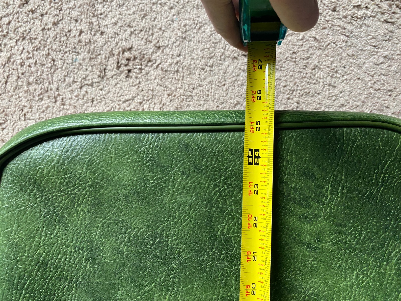 True 1970s Vintage Green Suitcase, Double Buckle, Fleur de lis Lining, Very Good