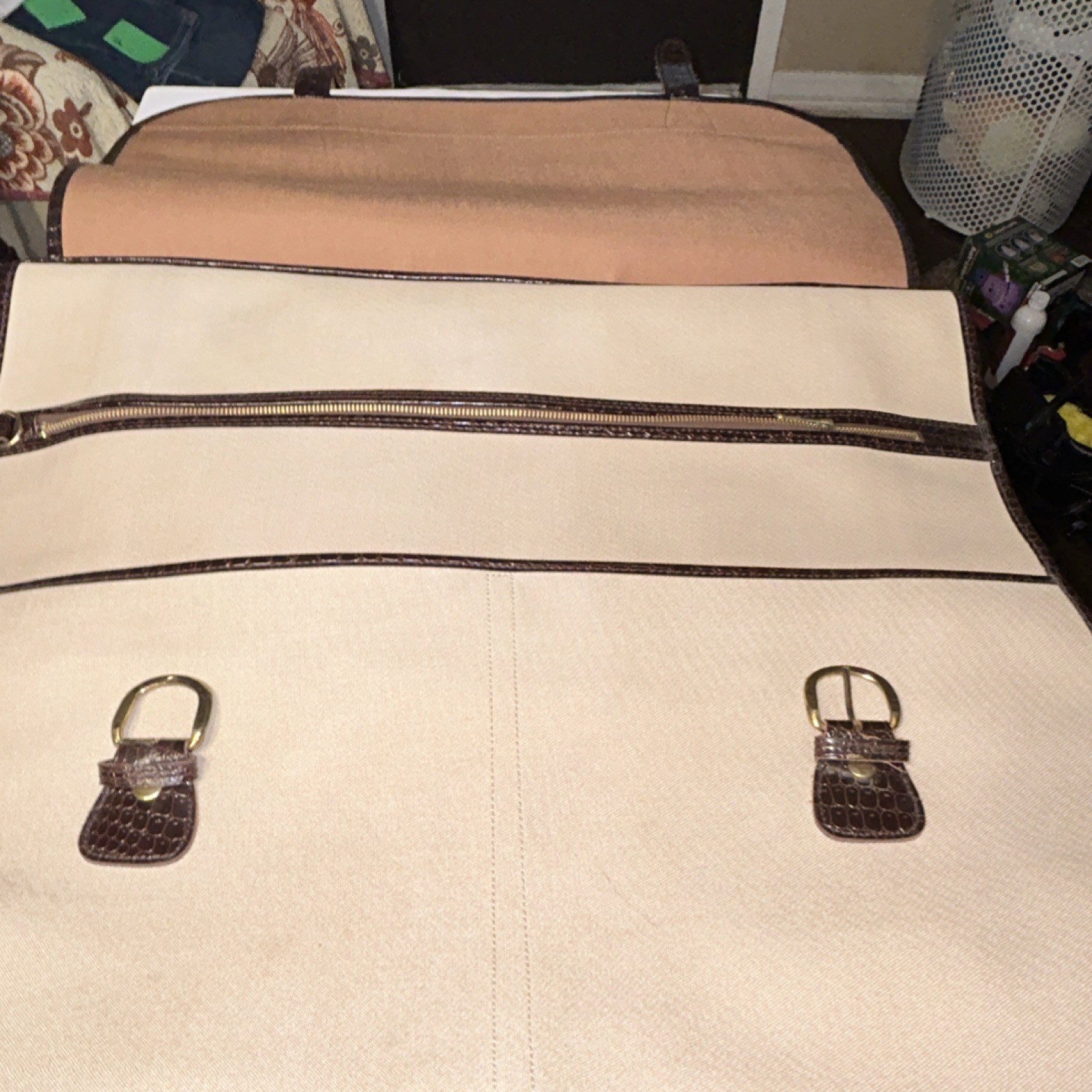 Beige & Brown Zip Garment Bag w/ Brown Trim, Hanger Hook, Handle, Strap