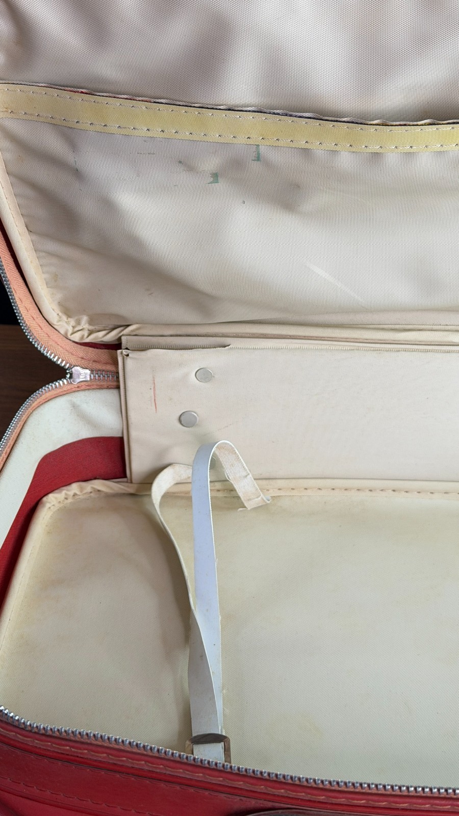 Vintage 1970s small orange suitcase soft fabric child’s train case pink