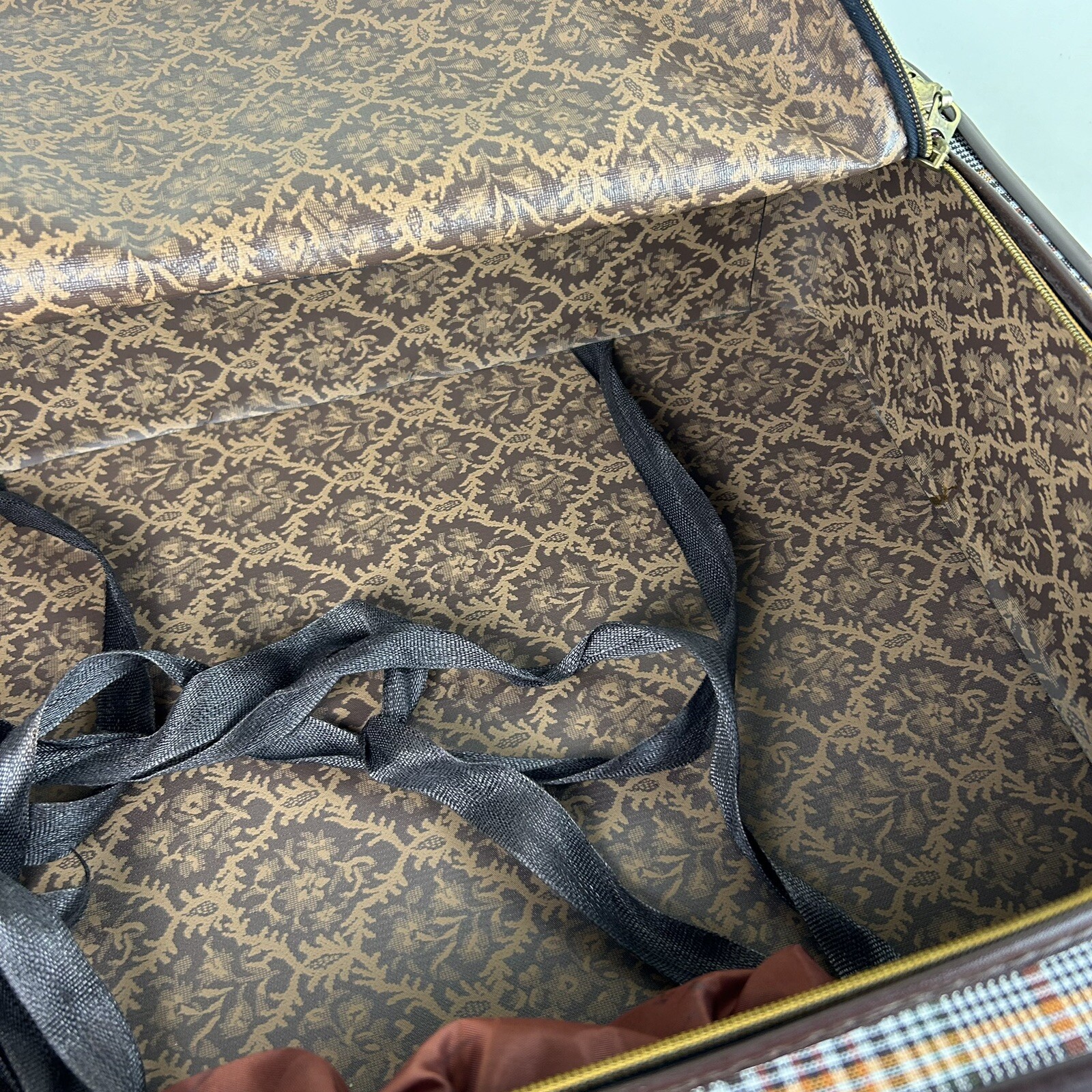 RARE Vintage Monarch Suitcase WITH KEY Faux Leather Brown Plaid Design Zipper
