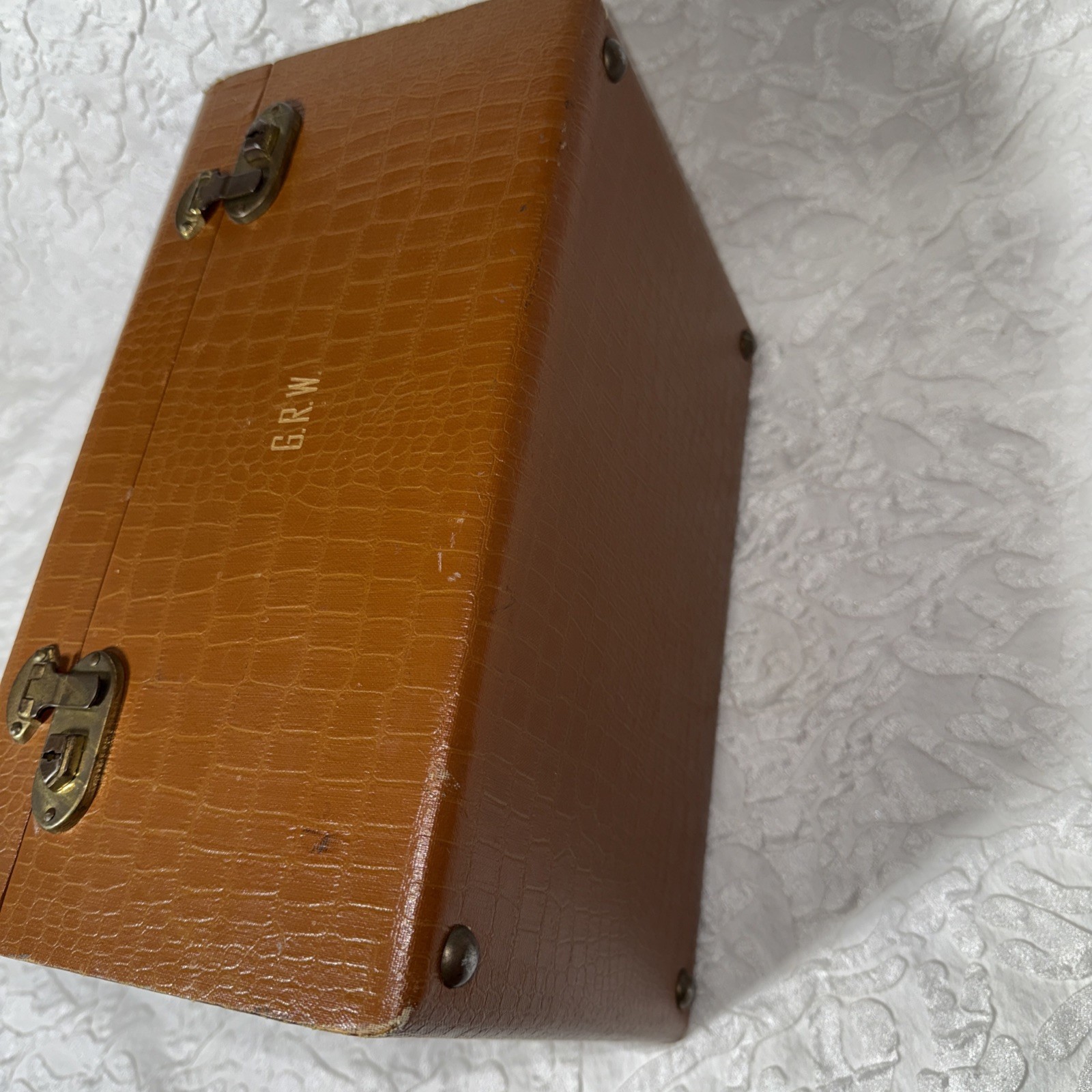 Vintage 50’s 60’s 13” Lucite Handle Brass Travel/Storage Case Faux Alligator