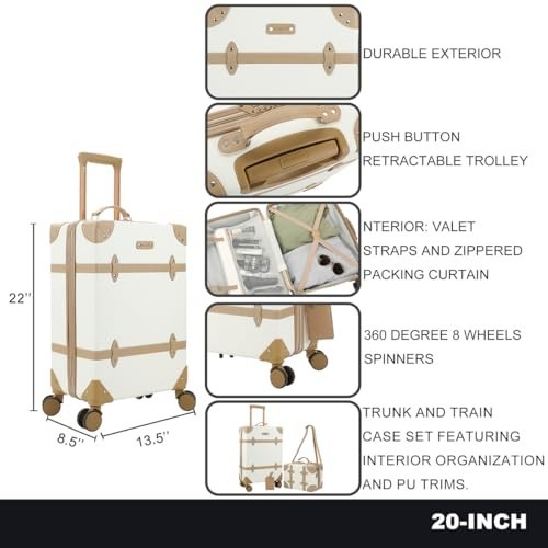 Vintage-Style 2-Pack White Hardside Trunk & Train Case Set with Brown Accents