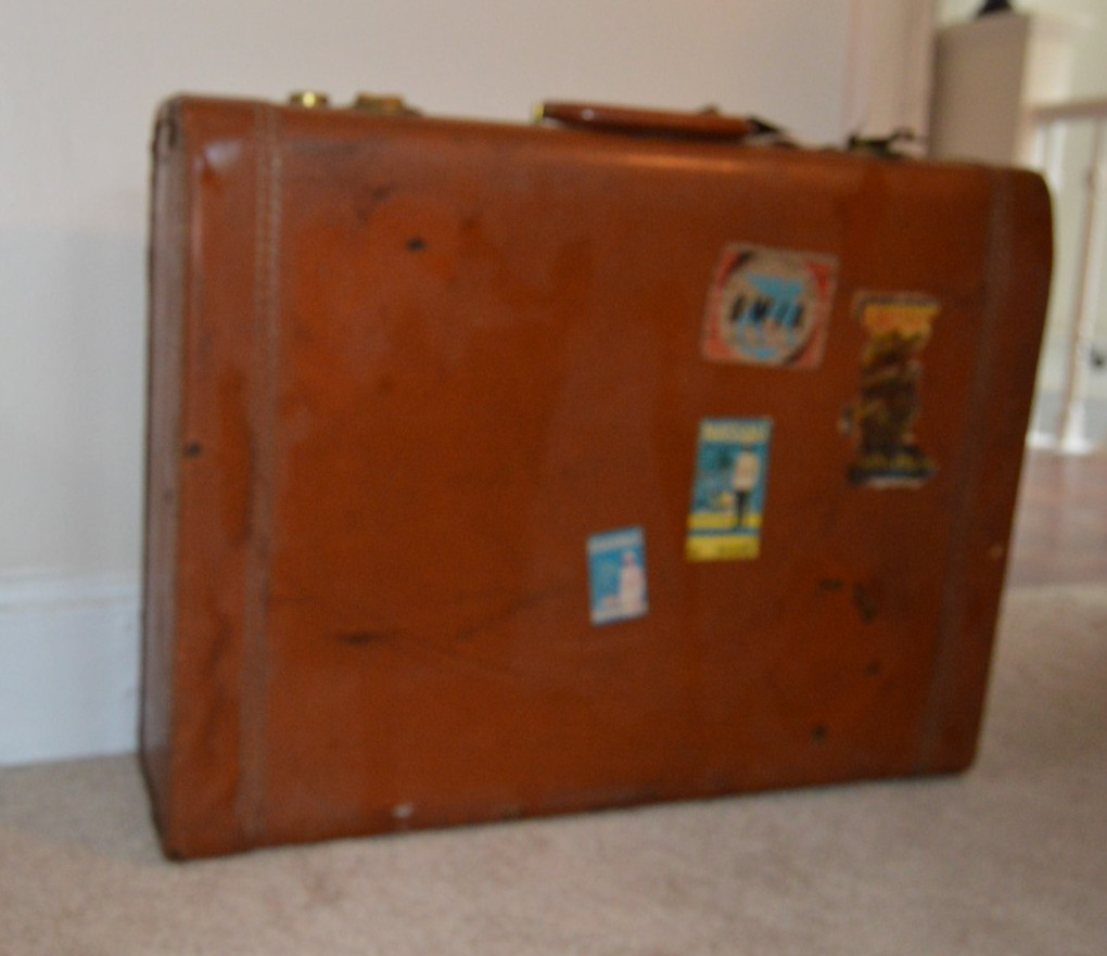 Vintage Tan Leather Hard Luggage 23 x 17 x 5 w/ Stickers Damage Rust 1950’s