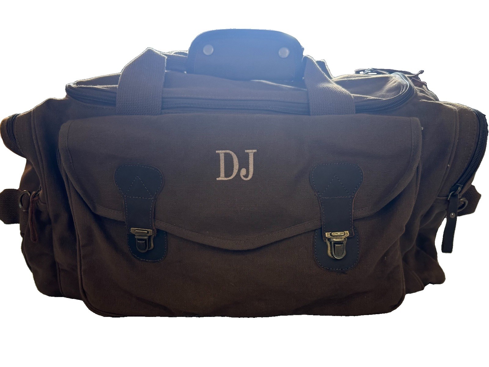 Vintage 80s 90s Brown Canvas Duffle Bag Travel Weekender Cargo Monogram DJ 21″