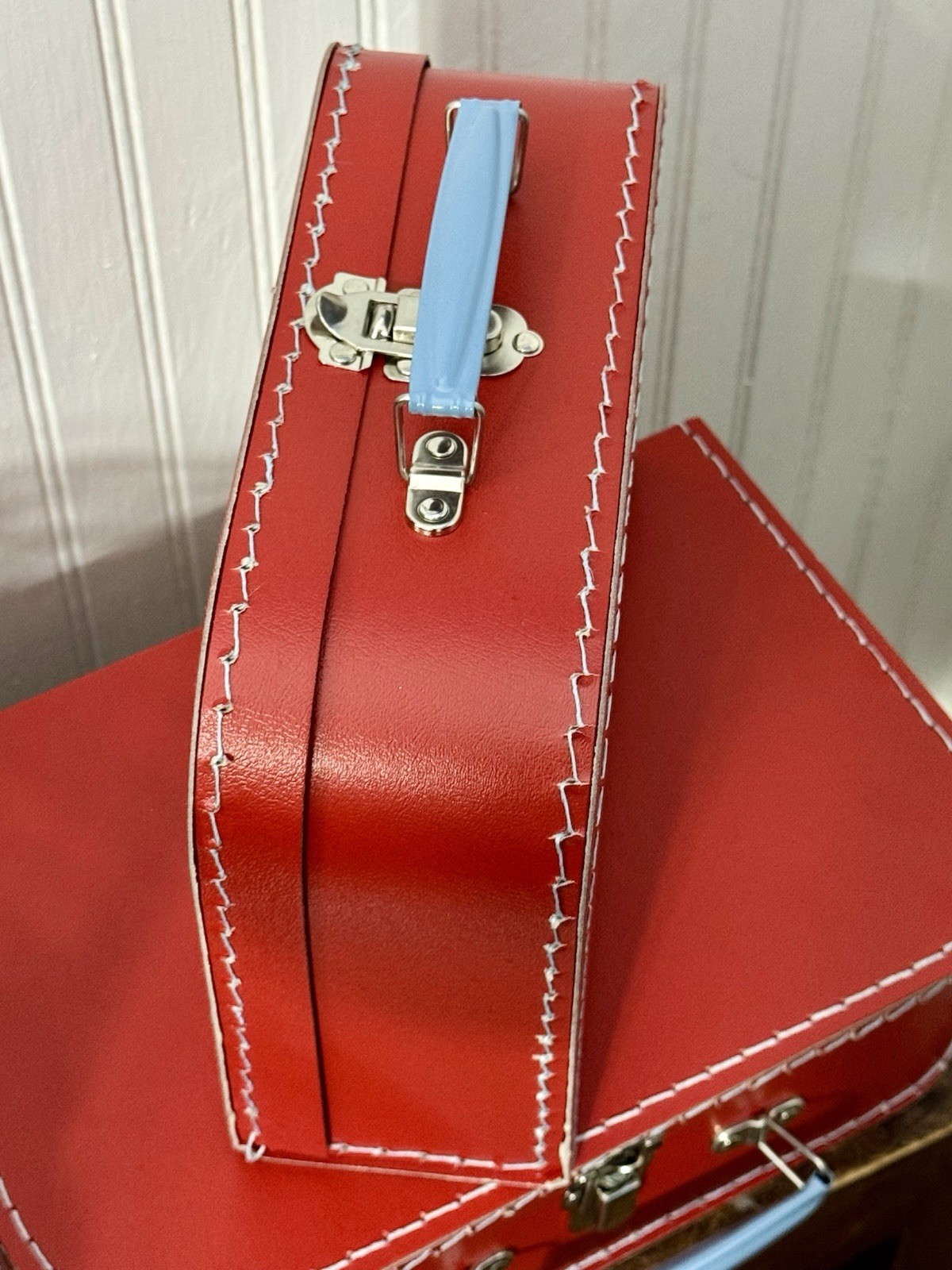 Set of 3 Hard Cardboard Suitcase Boxes Storage Decor Red w Light Blue Handles