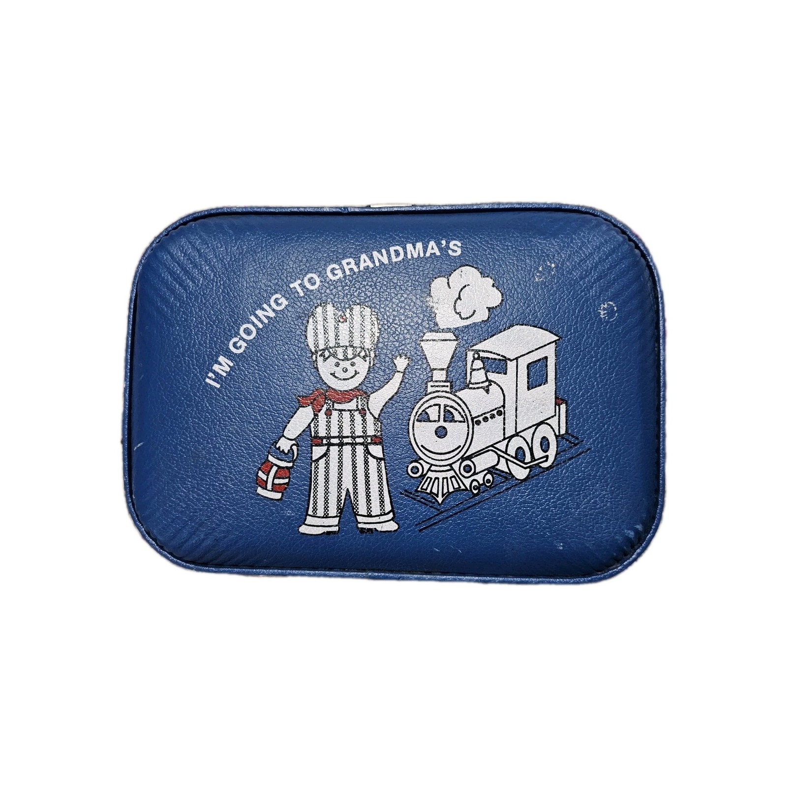 Vintage Small Blue Kids (Boy Train) “I’m Going to Grandma’s” Hard Sided Suitcase