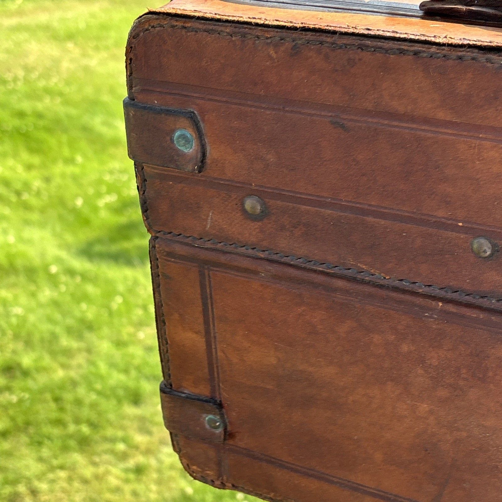 Old World European Antique Tooled Leather Suitcase Luggage 19x11x10 Decor Prop
