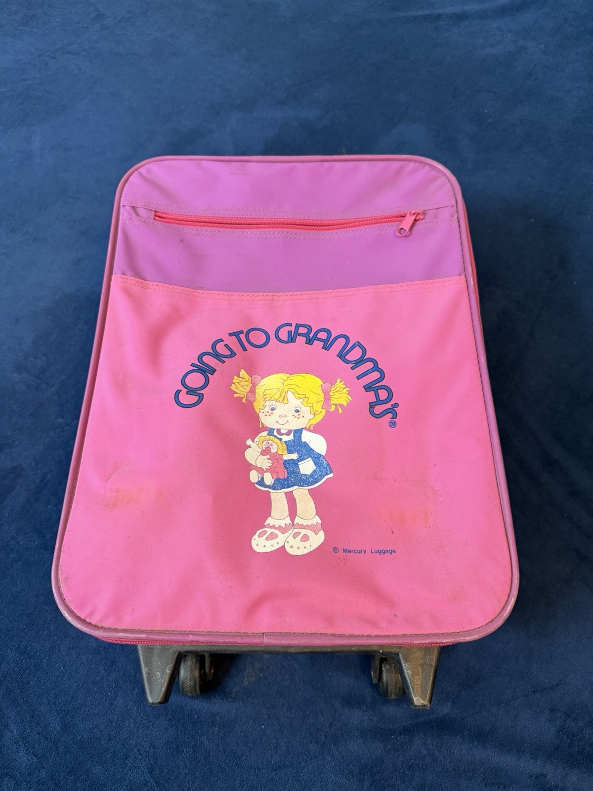 Vintage Mercury Luggage “Going To Grandma’s” kids Large pink Rolling Suitcase
