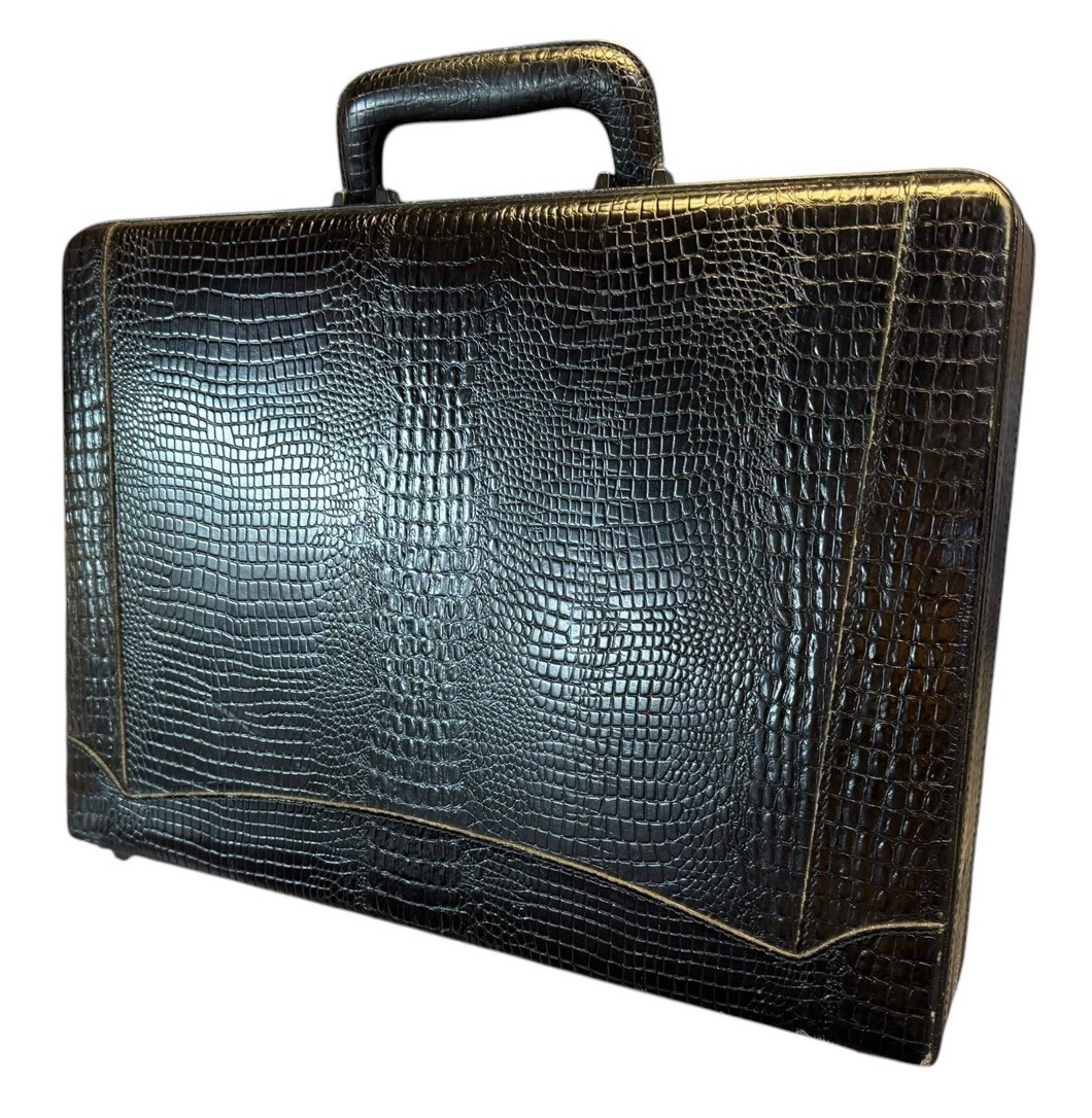 Vintage Expandable Mock Croc Faux Crocodile Leather Briefcase Presto Lock