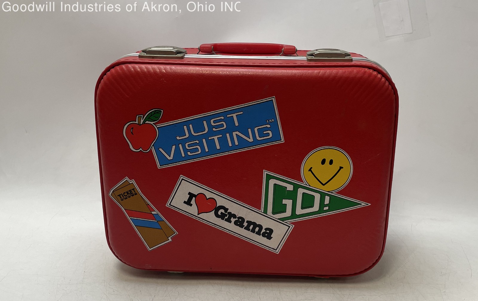 Vintage 70s Red Hard Shell Suitcase Just Visiting I Heart Grama Overnight Bag