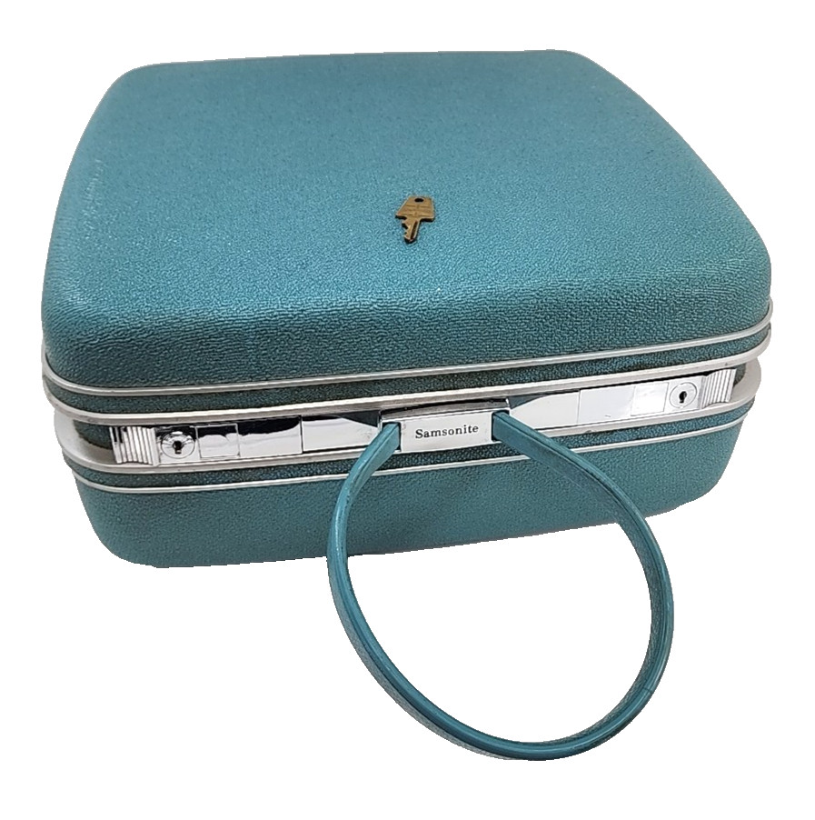 Vintage Samsonite Silhouette Blue Honeymoon Strap Square Luggage with Key