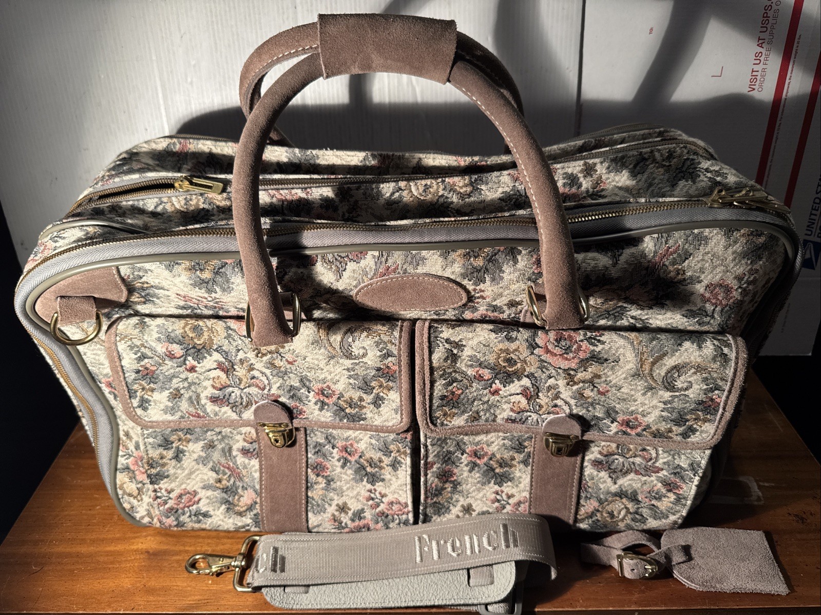 French Luggage Company Vintage Carryon Bag Rose Floral Tapestry Suede Trim