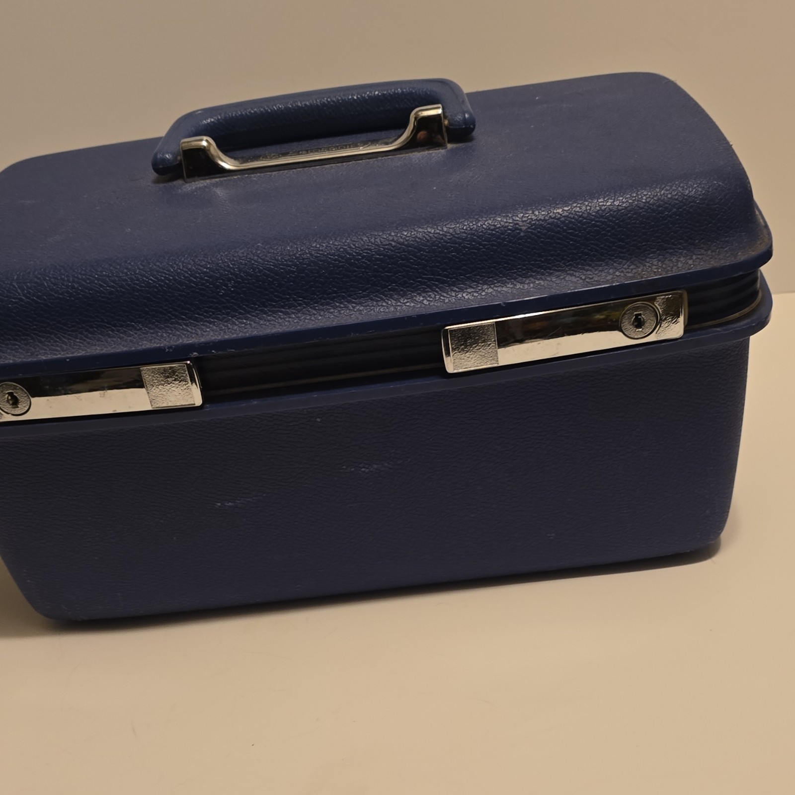 Samsonite Blue Hard Vanity Case 1970s Vintage with Mirror & Extra Compartments