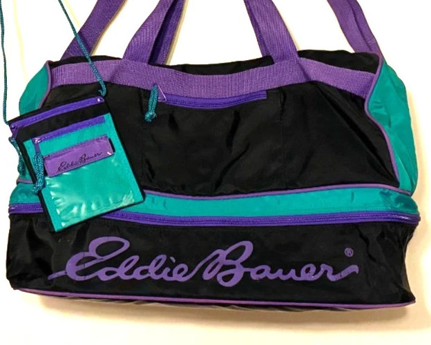 Vintage 90’s Eddie Bauer Purple Teal Signature Logo Duffel Bag Travel Luggage
