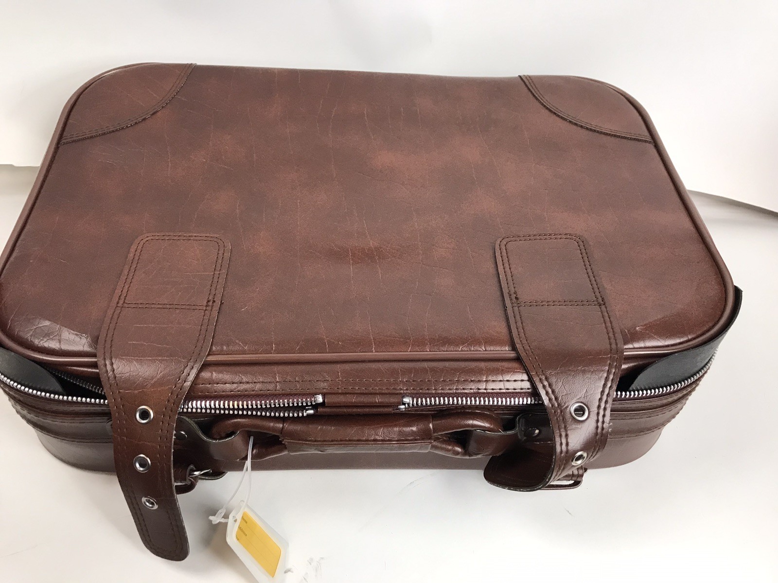 Vintage Brown Faux Leather Suitcase 4 Piece Luggage Set Stackable locks keys