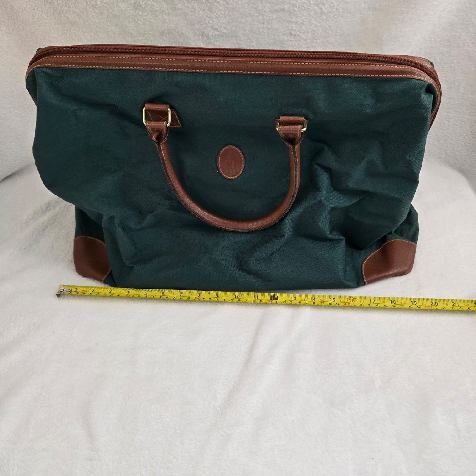 Vintage Ralph Lauren Green Canvas Duffle Bag Brown Leather Handles Travel Bag