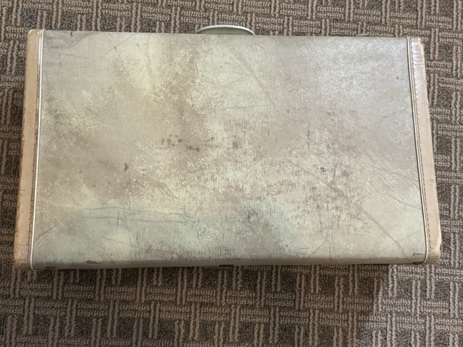 Vintage Beige Hard Shell Suitcase Faux Leather Travel Case w/ Locks Retro