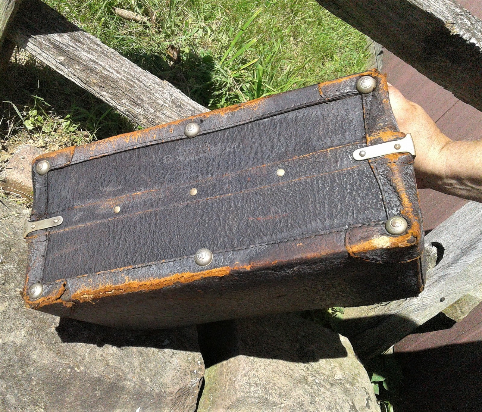 Antique Leather Travel Bag or Suitcase Genuine Split Leather 1900s Era