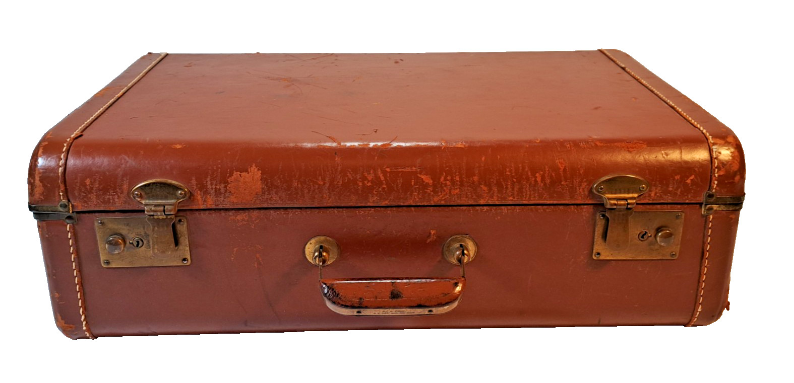 Vintage Top Grain Cowhide Leather Suitcase Brown Hard Shell Luggage Prop Decor