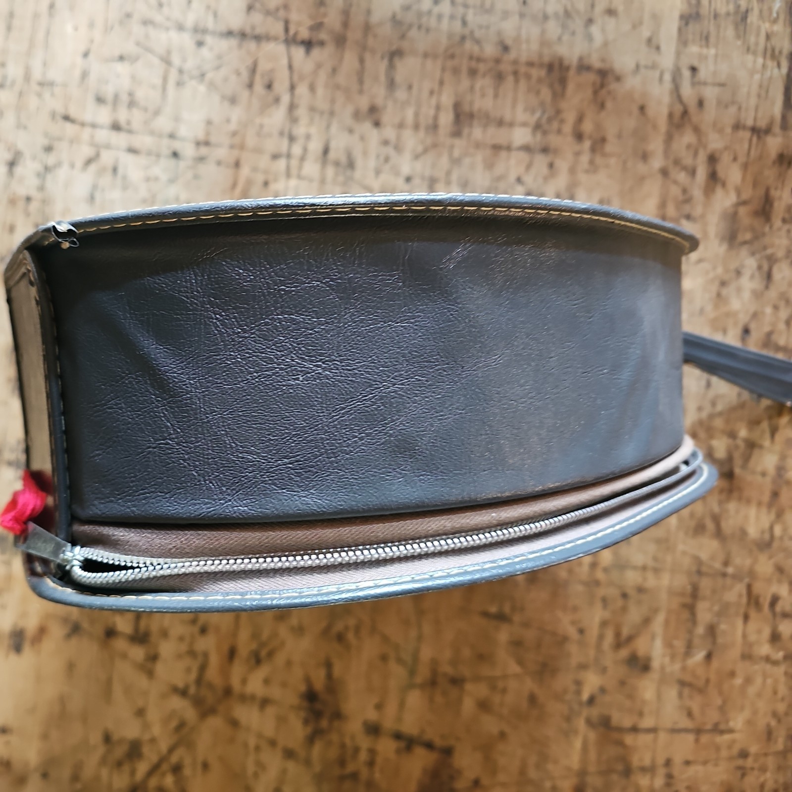 Vintage Gray Travel Hat Box Suitcase Oval Teardrop Egg Shape Zip Handle