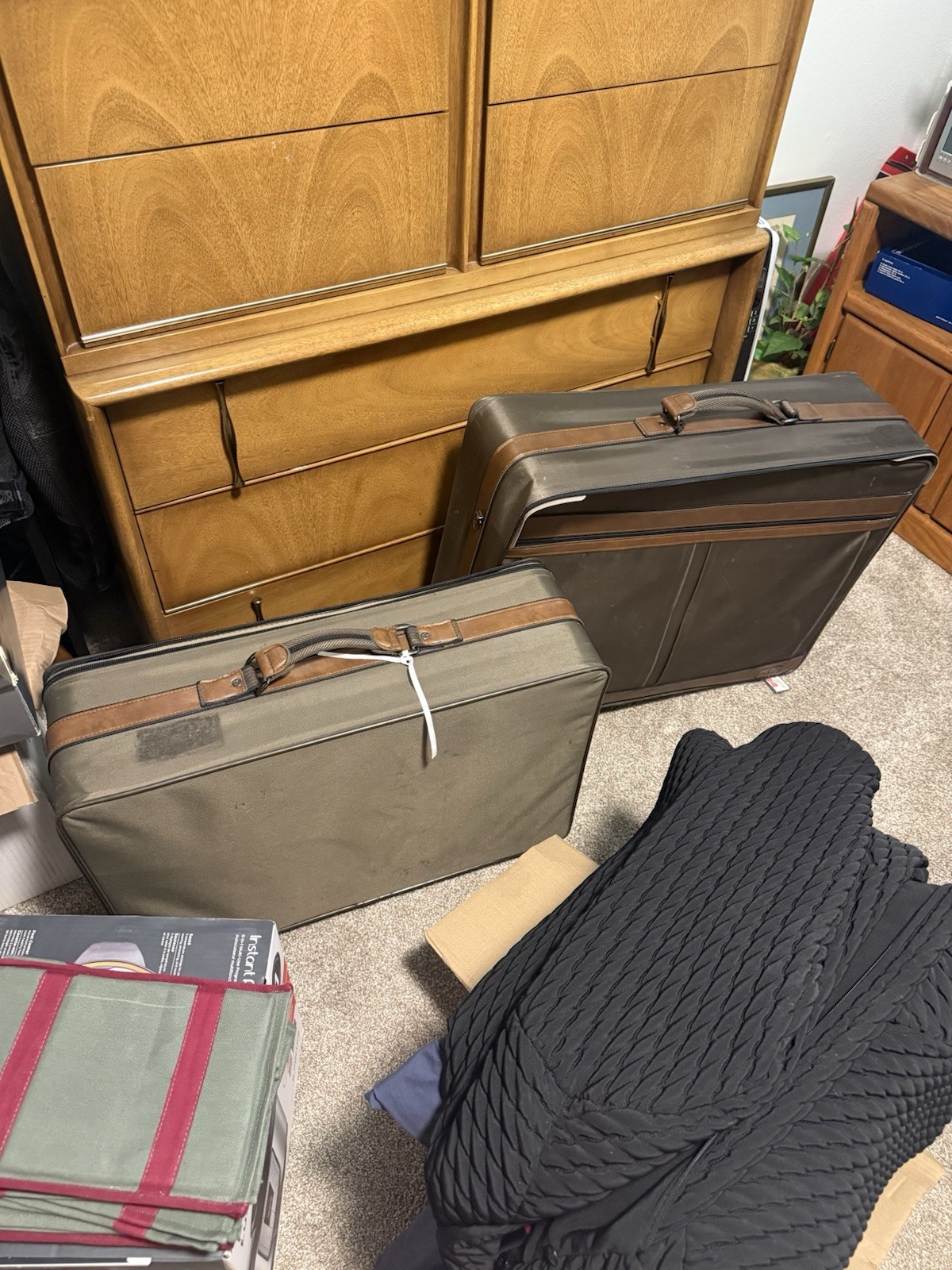 Vintage Canvas Leather Suitcase Set Brown Olive Soft Case Tie-Down Straps